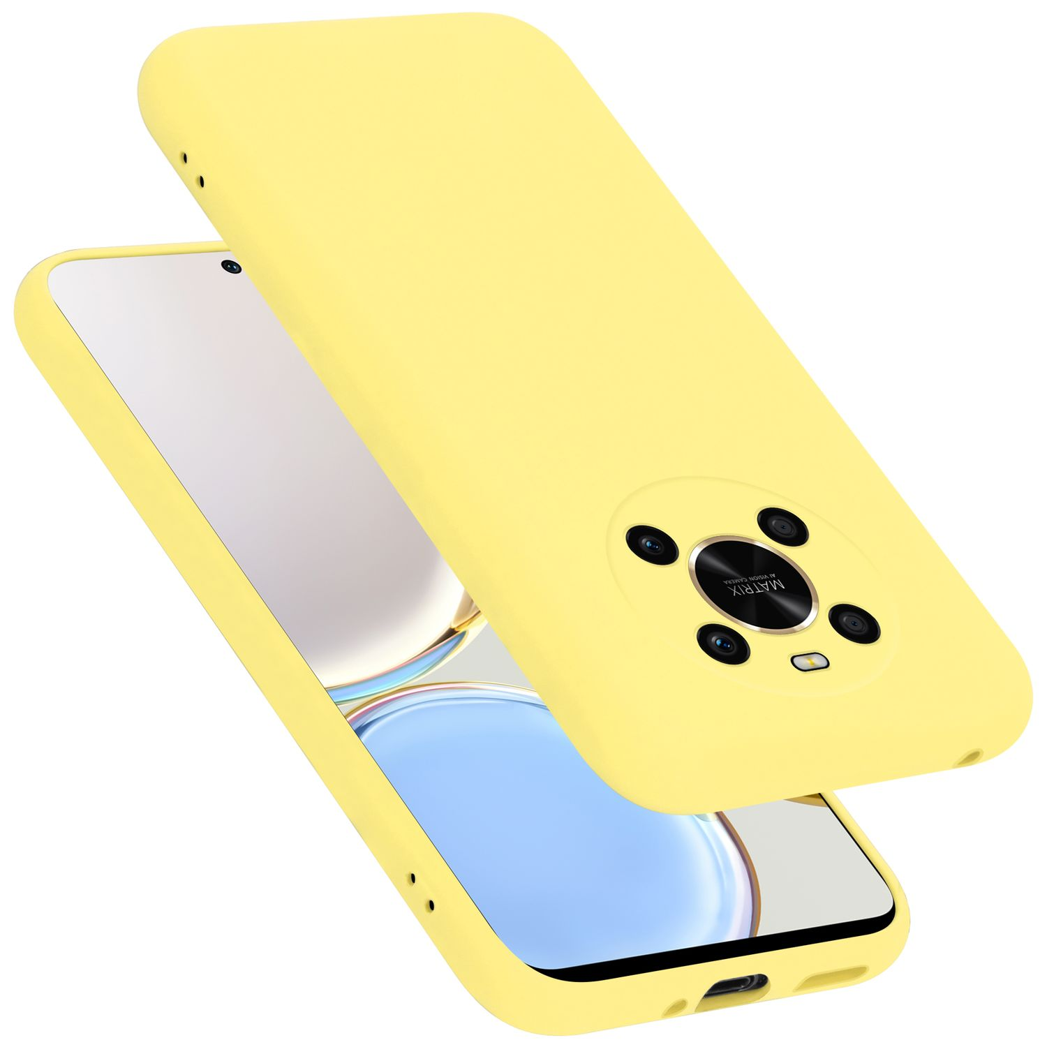 Custodia gialla con telefono. Il telefono ha uno schermo blu e bianco, la custodia è anch'essa gialla.