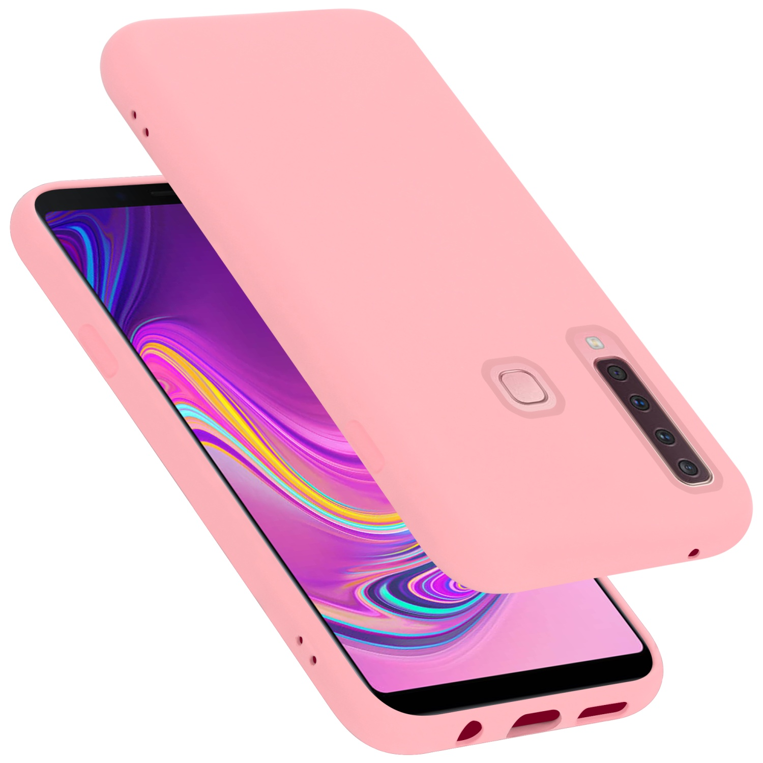 Custodia rosa per telefono su un telefono. La custodia è leggermente fuori posto e ha un ritaglio per la fotocamera.