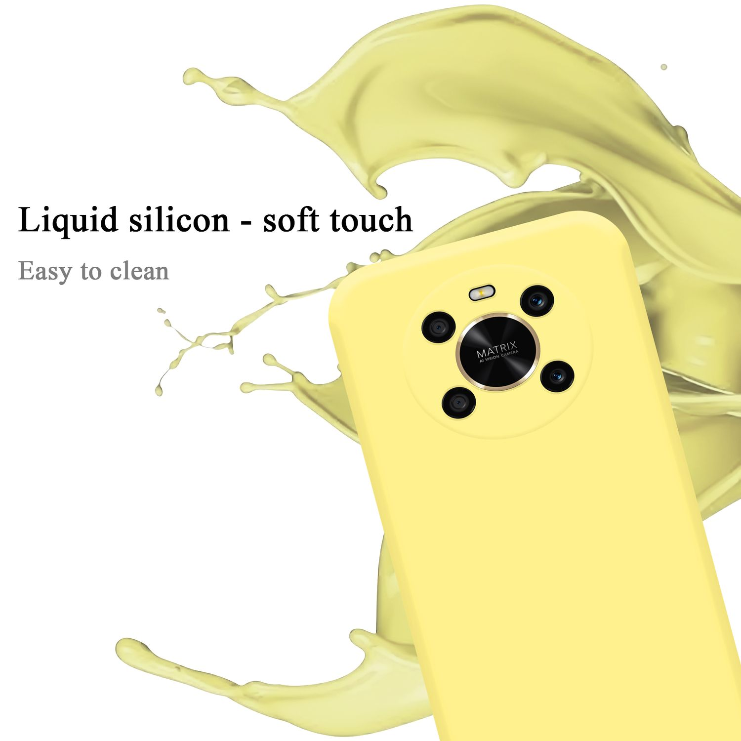 Custodia gialla con telefono dentro. Silicone liquido-tocco morbido. Schizzo di liquido giallo.