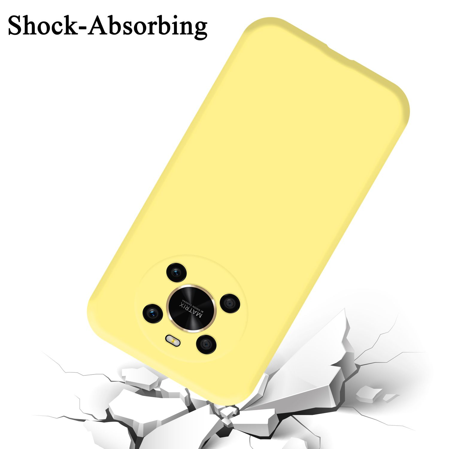 Una custodia gialla con lenti della fotocamera, una superficie bianca e il testo "Shock-Absorbing".