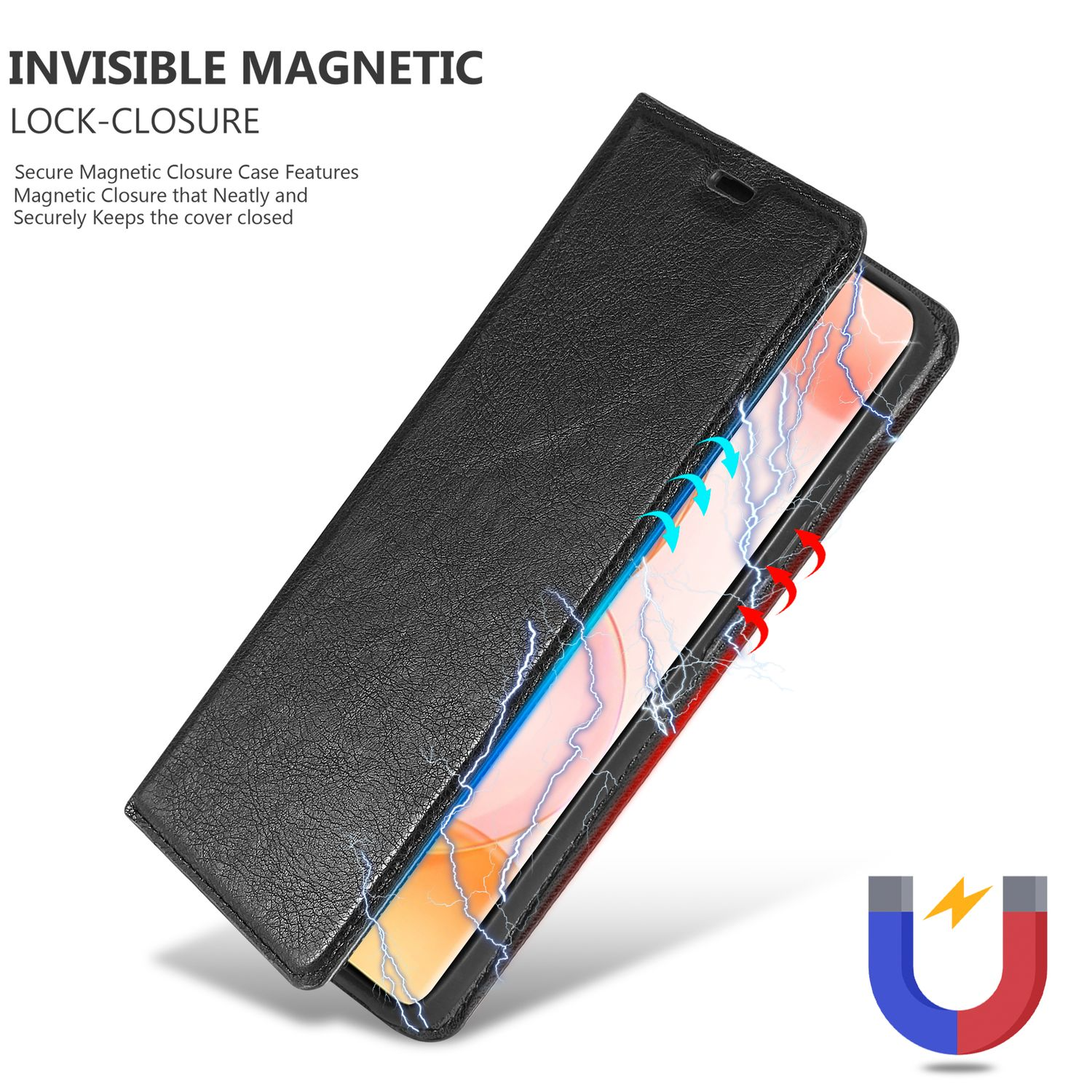 Custodia nera per telefono con chiusura magnetica, aperta. Frecce blu e rosse mostrano la chiusura.