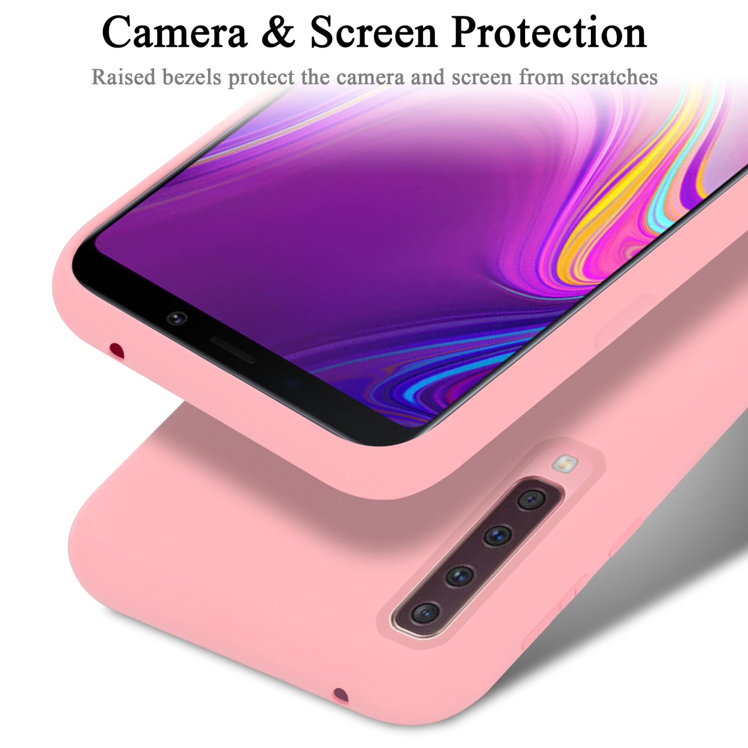 Una custodia per telefono rosa con un telefono all'interno. Lo schermo del telefono mostra un'interfaccia viola. Vista da vicino.