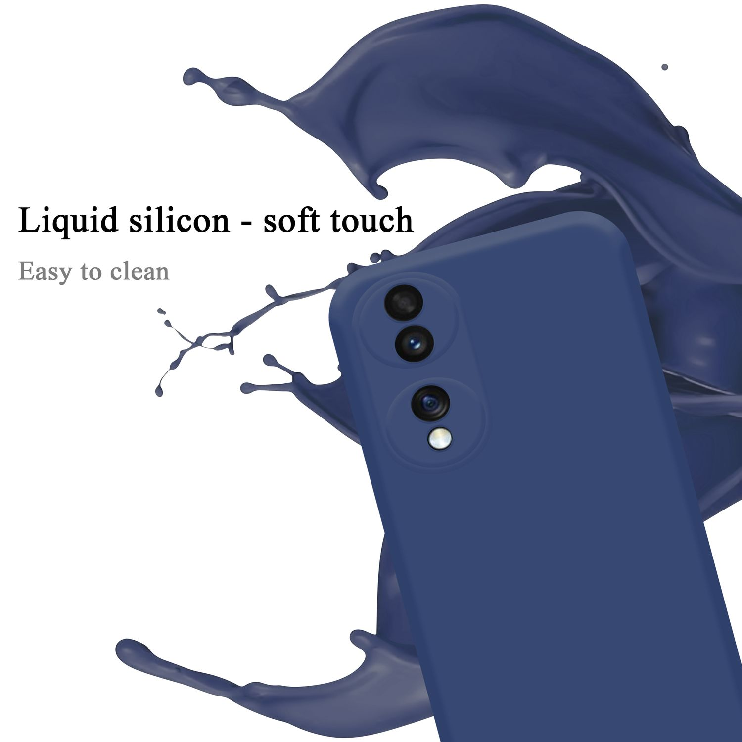 Eine blaue Handyhülle mit drei Kameralinsen und einem Spritzer blauer Flüssigkeit auf weißem Hintergrund.
