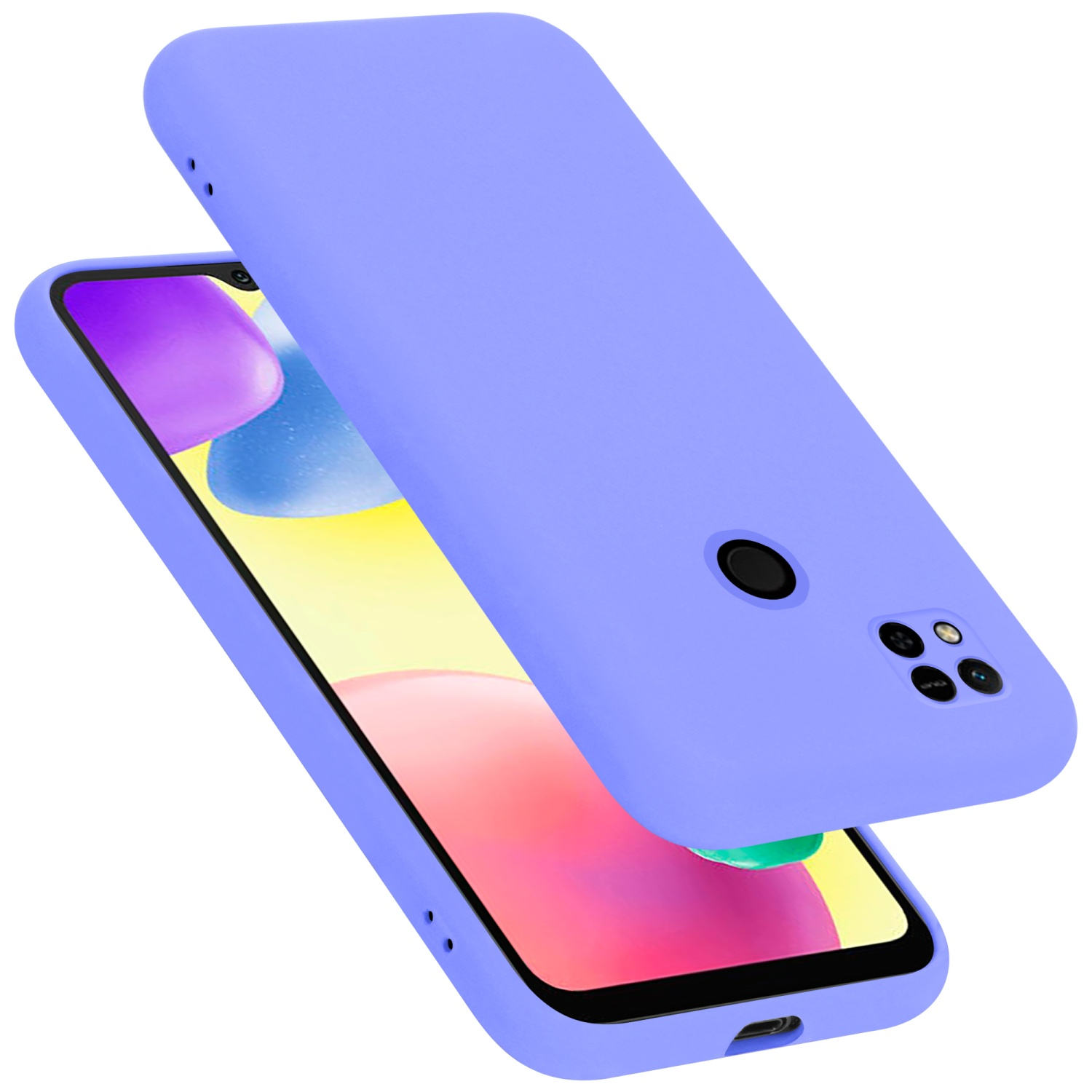 Lila Handyhülle mit Telefon. Das Telefon hat einen pink-lila Bildschirm, die Hülle ist auch lila.