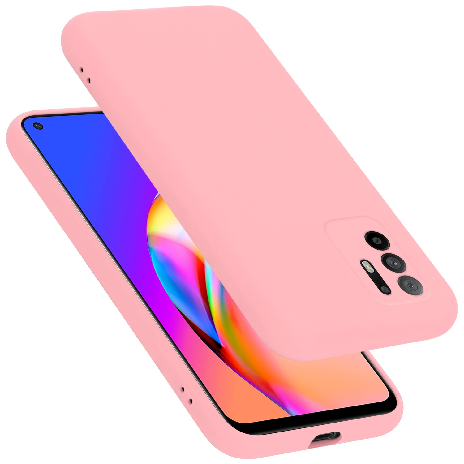 Rosa Handyhülle mit Telefon. Das Telefon zeigt ein farbenfrohes Bild.