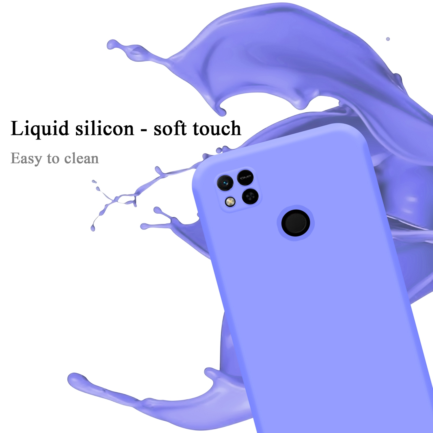 Lila Handyhülle mit Flüssigkeitsspritzer. Text: Flüssiges Silikon - weiche Haptik.