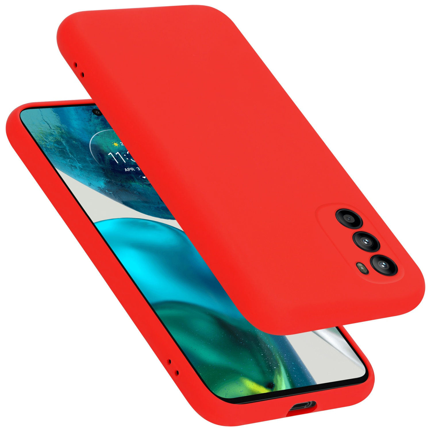 Rote Telefonhülle über einem Telefon mit farbenfrohem Bildschirm.