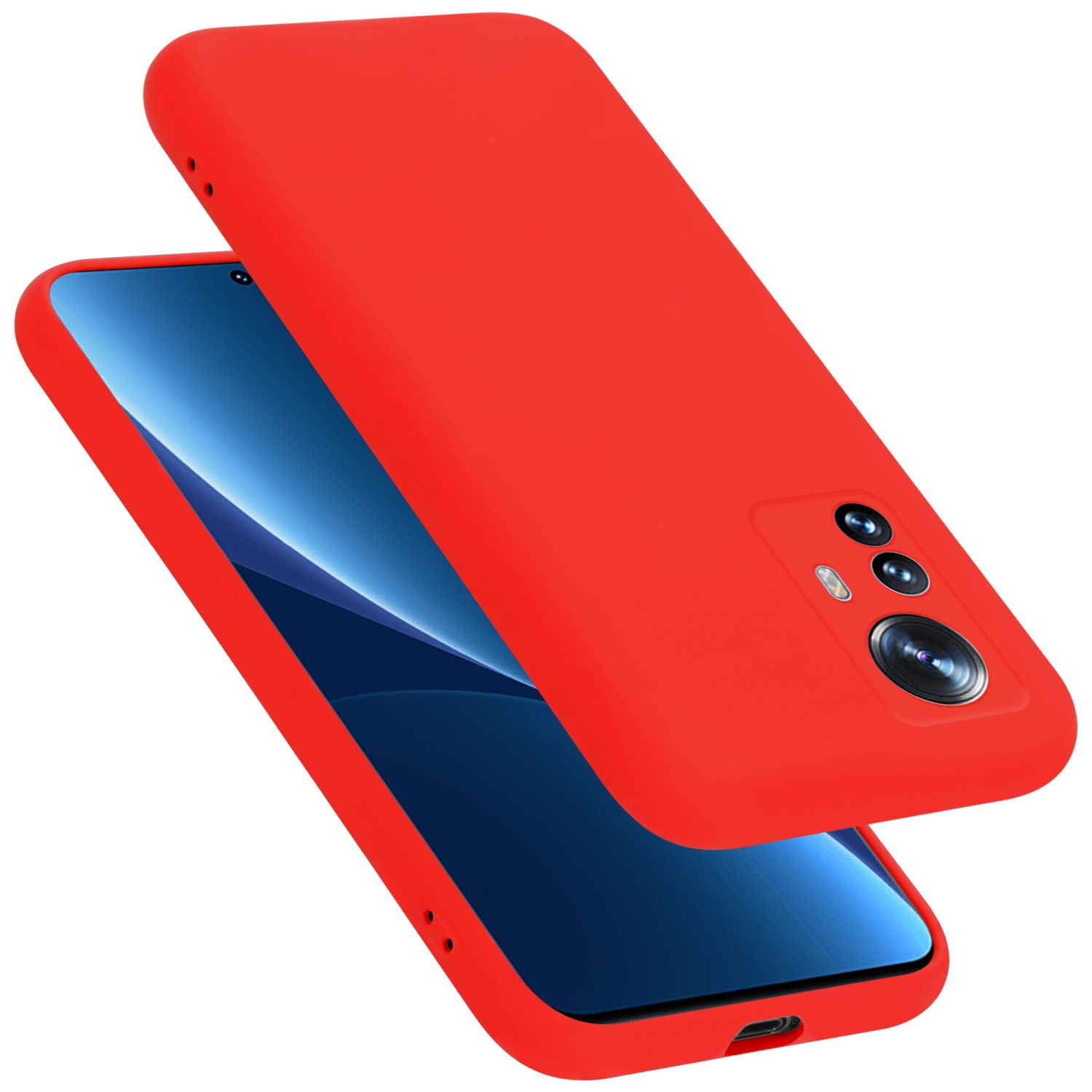Rote Handyhülle, zweiteilig. Telefon innen, Kamera sichtbar.
