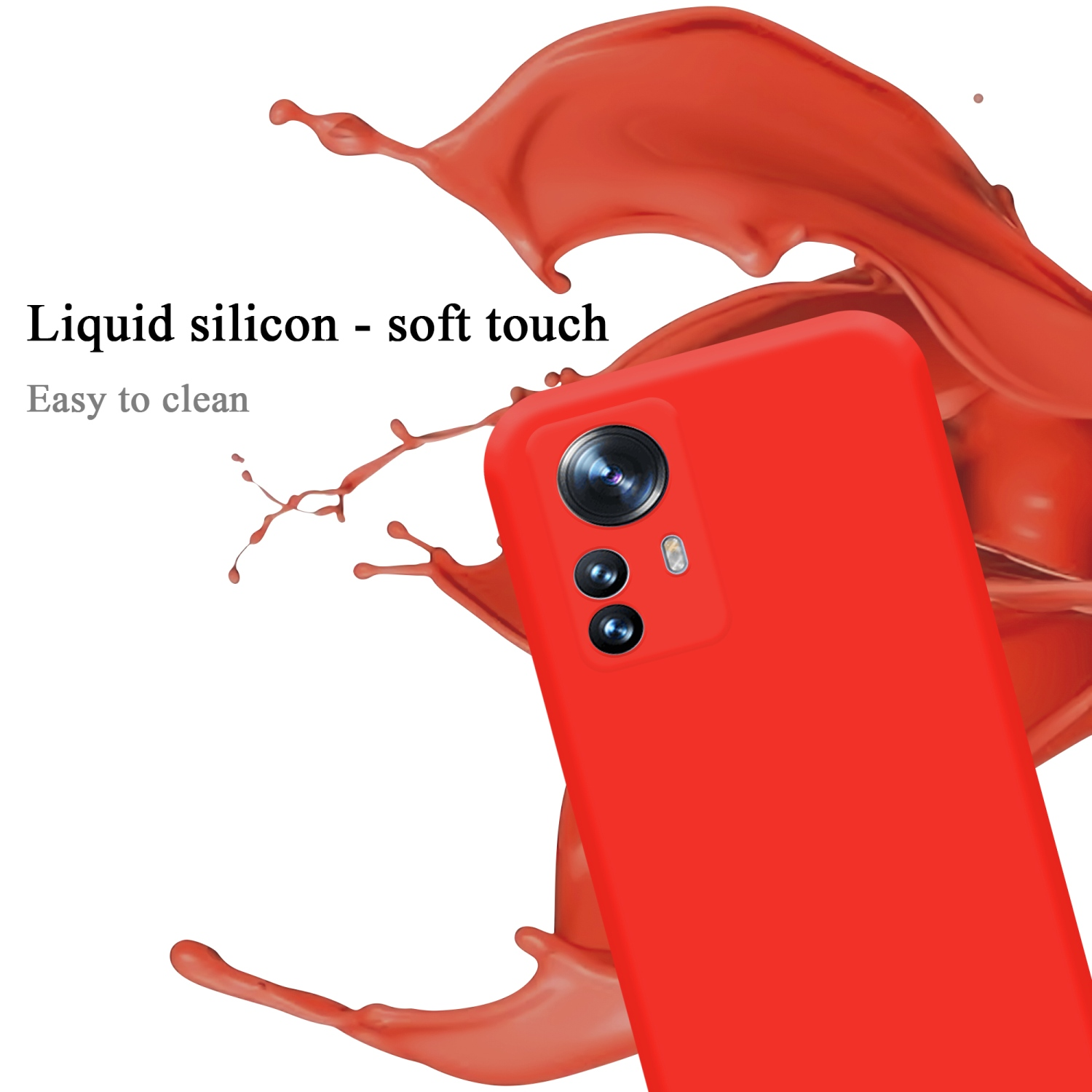 Eine rote Handyhülle mit rotem Farbspritzer. Flüssiges Silikon - Soft-Touch-Text.