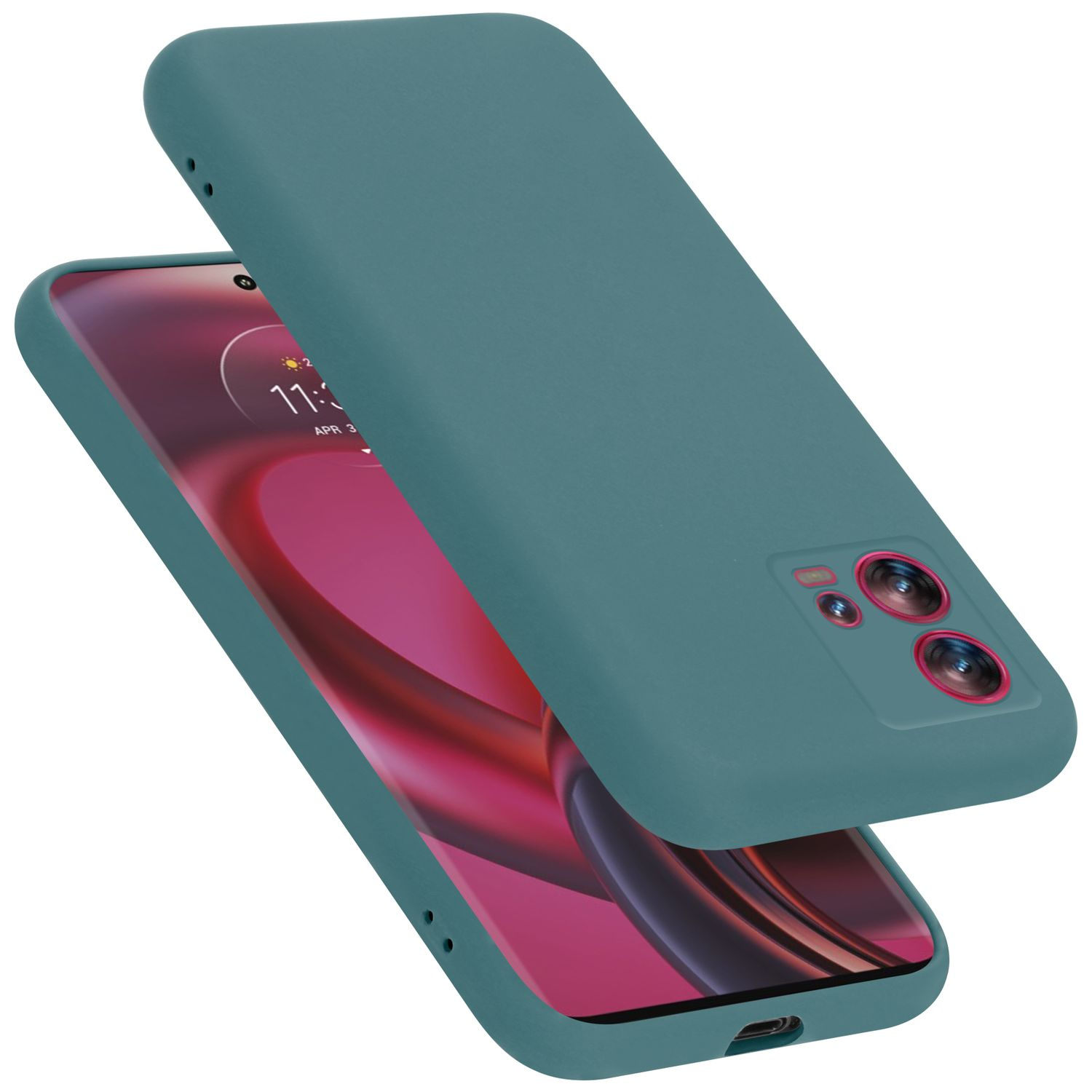 Türkisfarbene Handyhülle mit passendem Handybildschirm. Hülle teilweise geöffnet, zeigt das Telefon.
