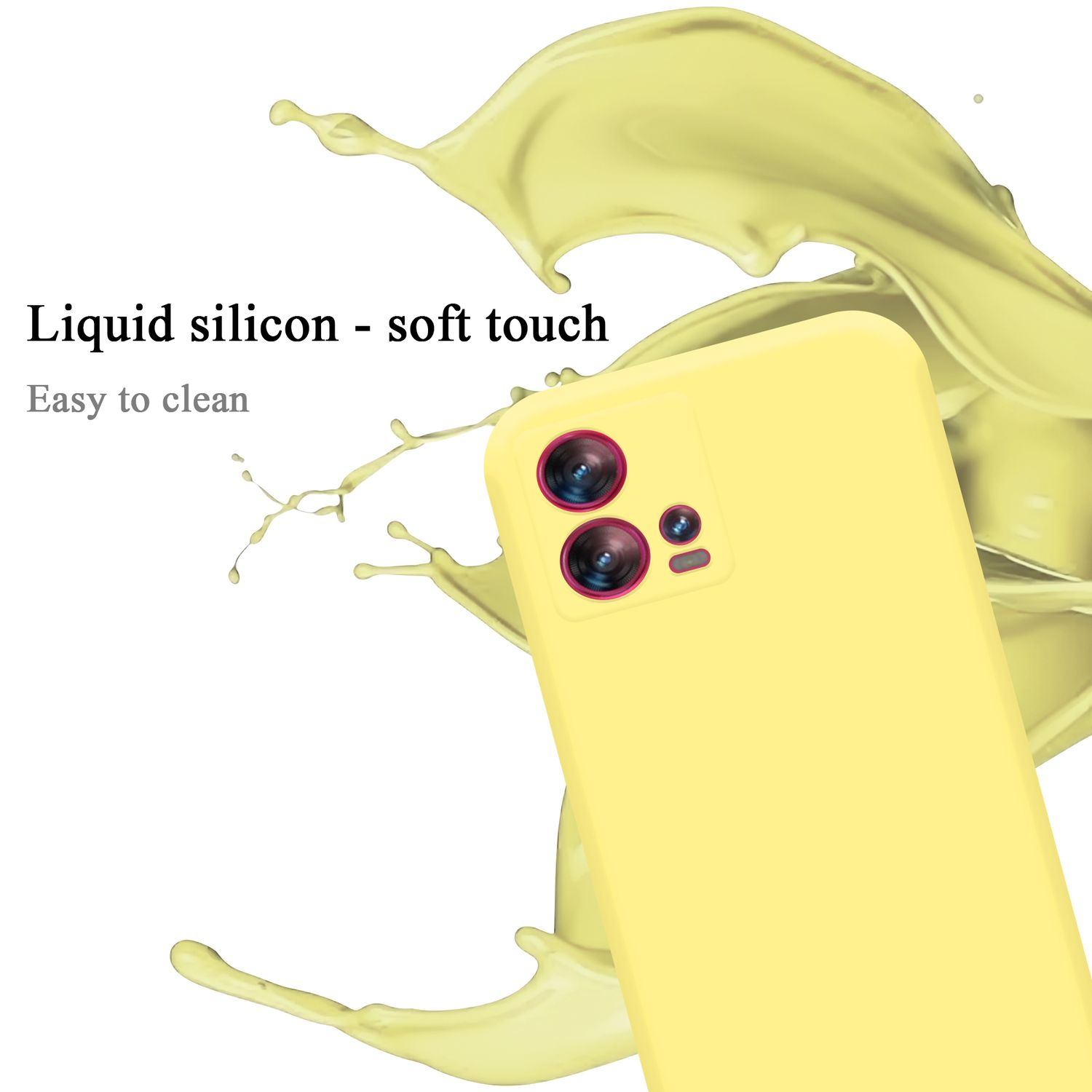 Gelbe Handyhülle mit Flüssigkeitsspritzer. Text: Flüssiges Silikon - weiche Haptik.