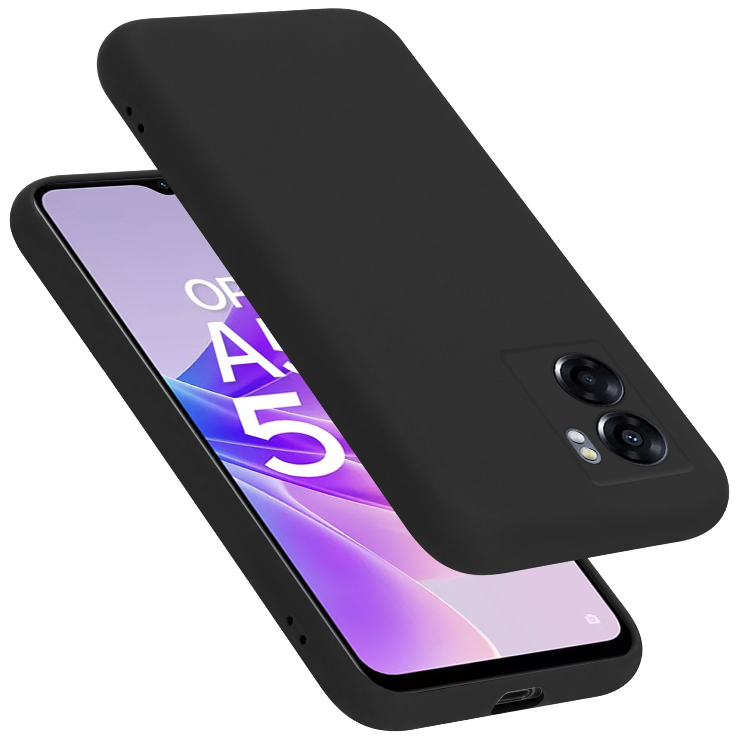 Schwarze Handyhülle mit Telefon. Das Telefon hat den Text 'A5' auf dem Bildschirm.