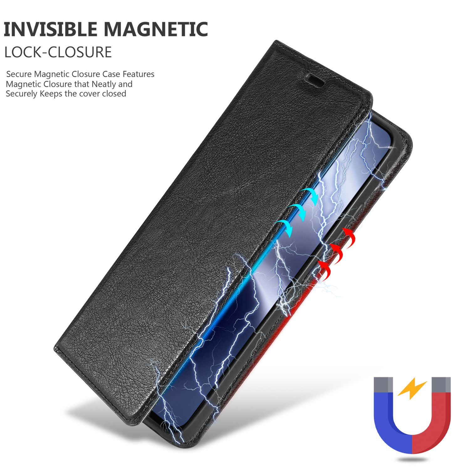 Custodia del telefono nera aperta. Chiusura magnetica invisibile evidenziata da fulmini.