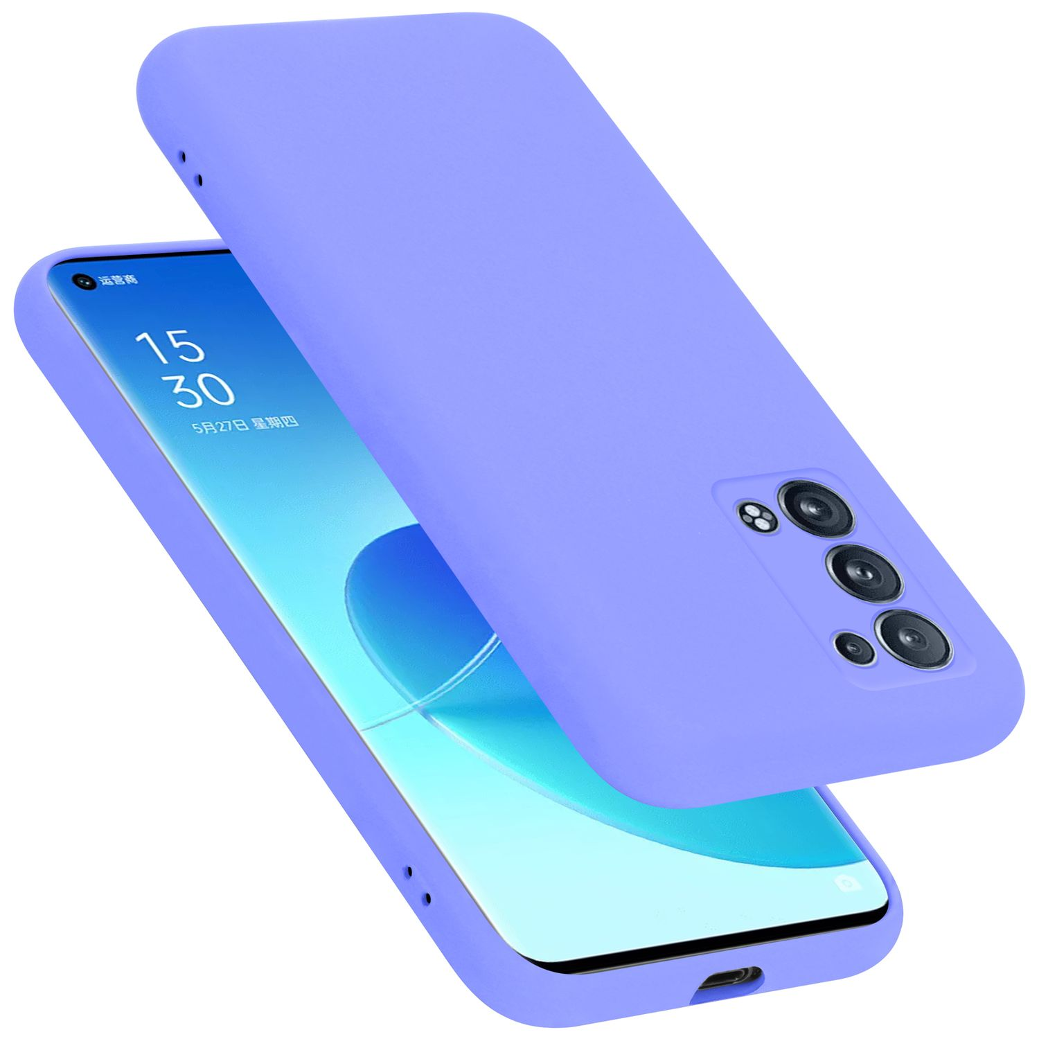 Eine hellviolette Handyhülle mit einem Telefon darin. Das Telefon hat eine lila Hülle.