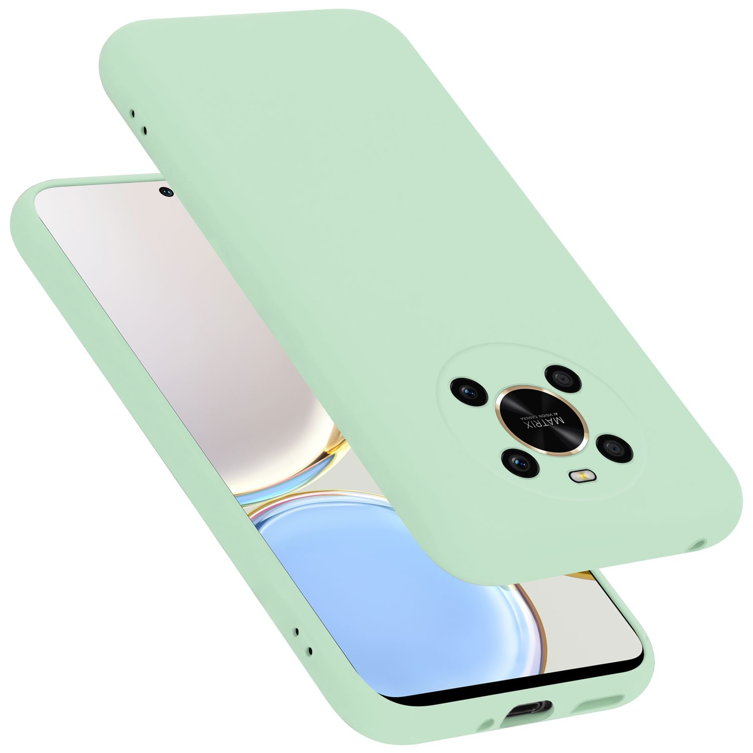 Custodia verde per telefono con telefono. Il telefono ha uno schermo blu e bianco, la custodia è anch'essa verde.
