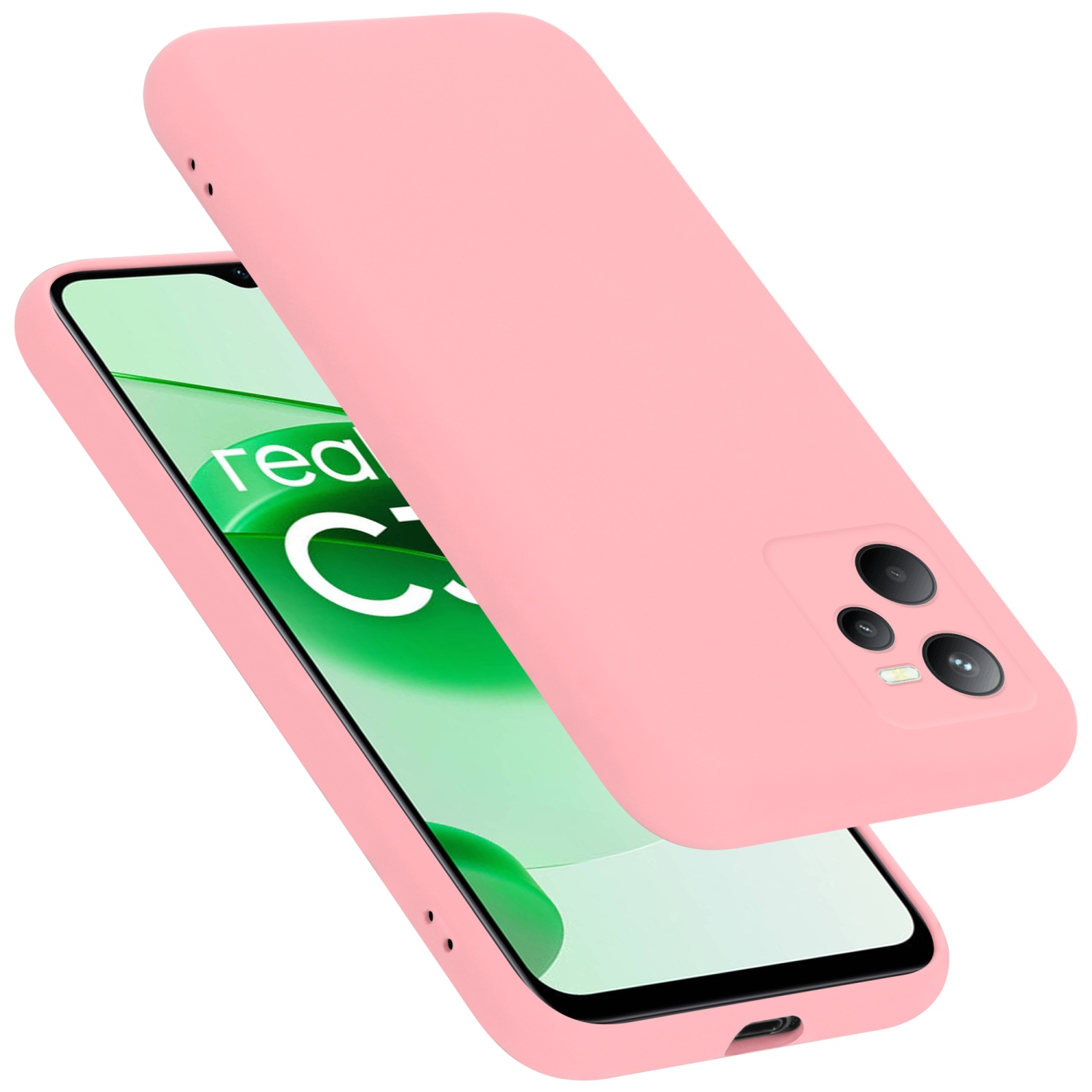 Rosa Handyhülle und Telefon. Das Telefon zeigt ein grün-weißes Bild. Hülle ist angewinkelt und offen.