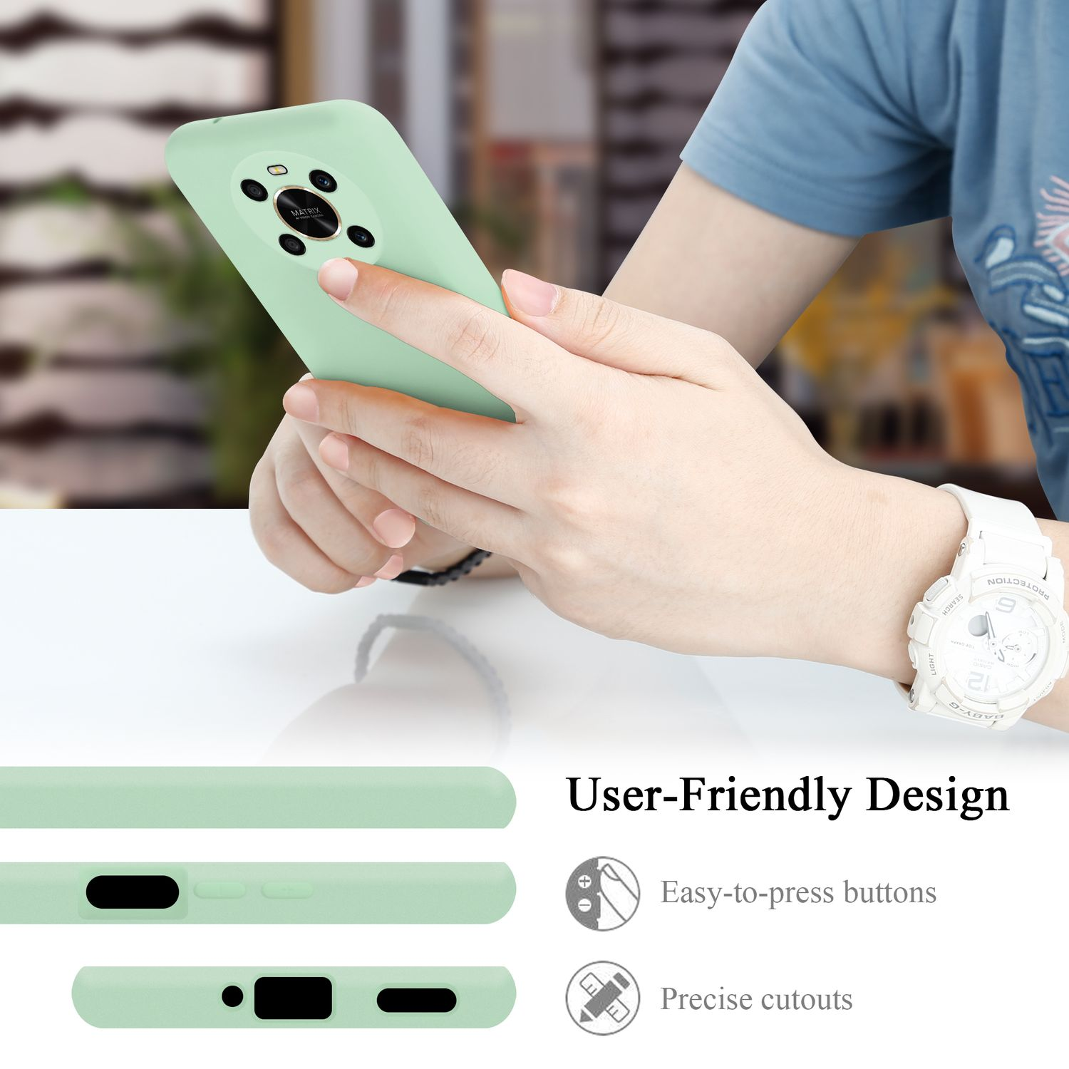 Custodia per telefono verde chiaro, tenuta in mano. Icone e testo di Design intuitivo visibili.
