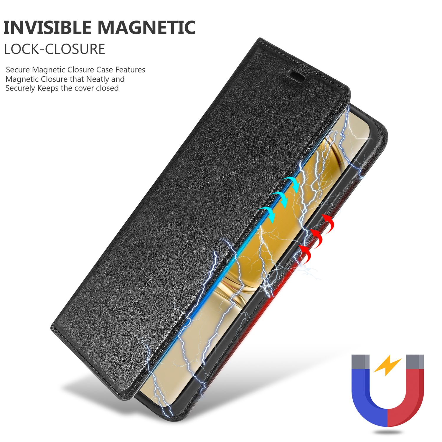 Schwarze Handyhülle mit Magnetverschluss und U-förmigem Magneten.
