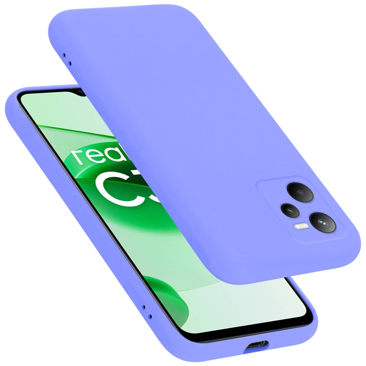 Lila Handyhülle mit Telefon. Das Telefon hat einen grün-weißen Bildschirm, die Hülle ist auch lila.