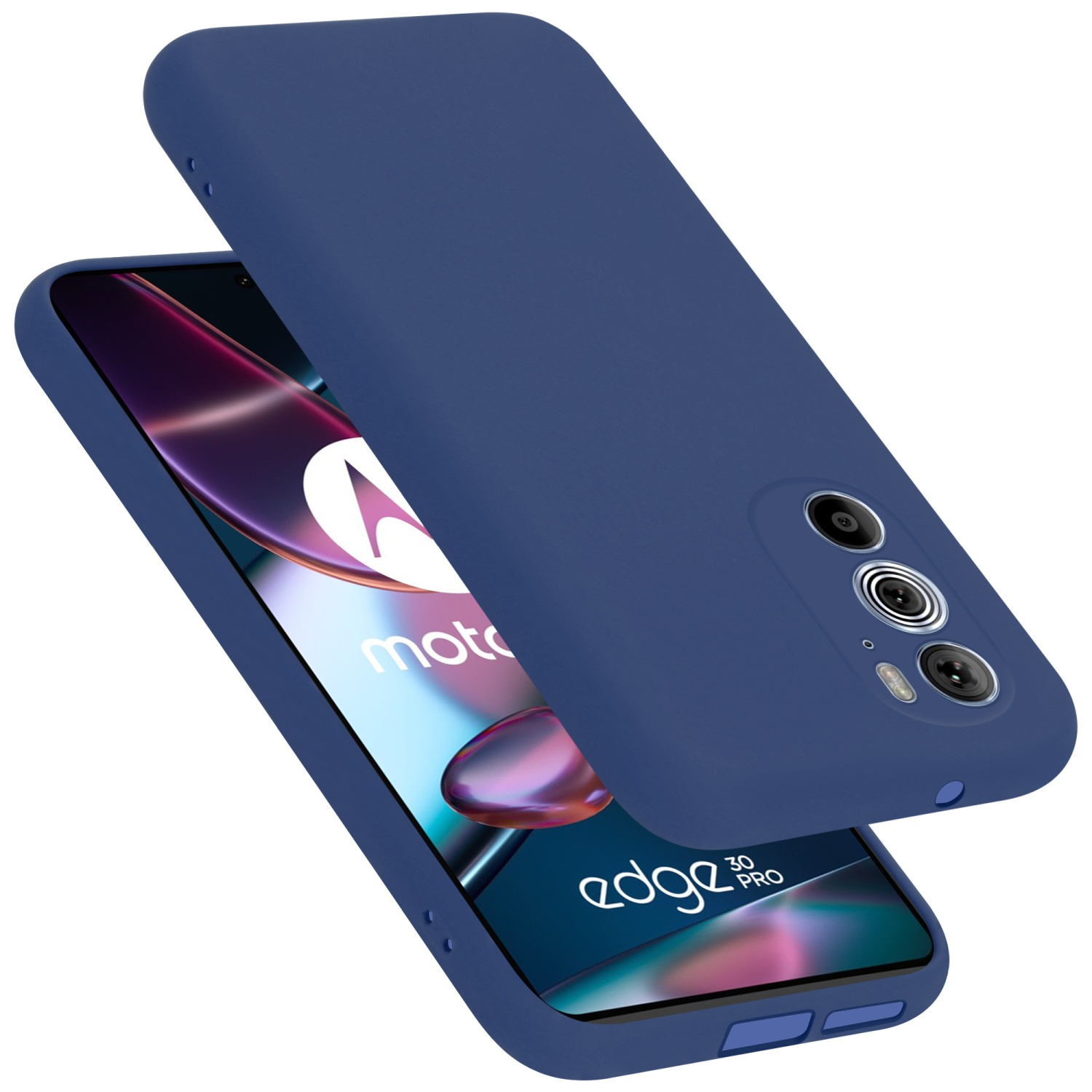 Eine dunkelblaue Handyhülle ist geöffnet und zeigt ein Telefon. Die Hülle ist dunkelblau und das Telefon ist sichtbar.