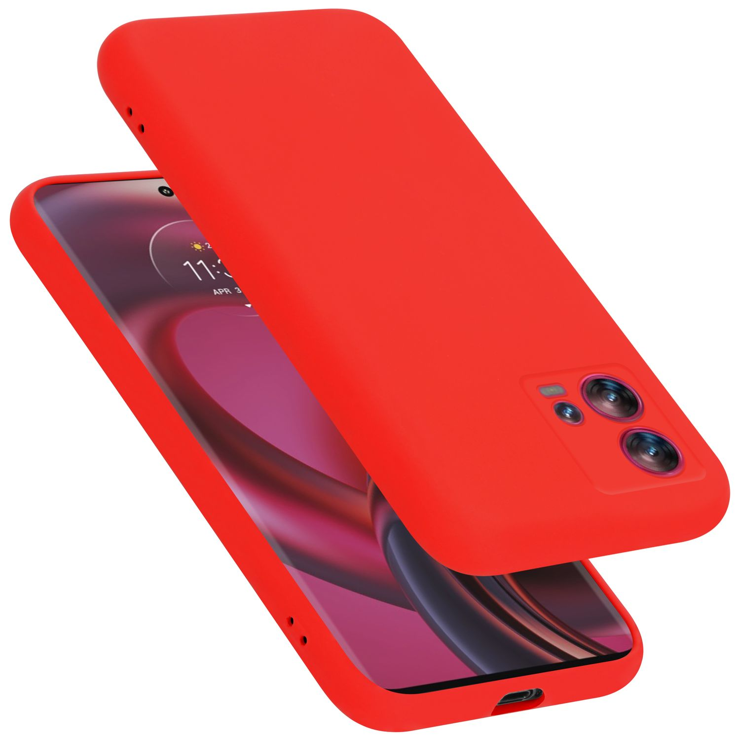 Rotes Telefon mit passendem Case, schräge Ansicht. Zeigt Bildschirm und Kameradetails.