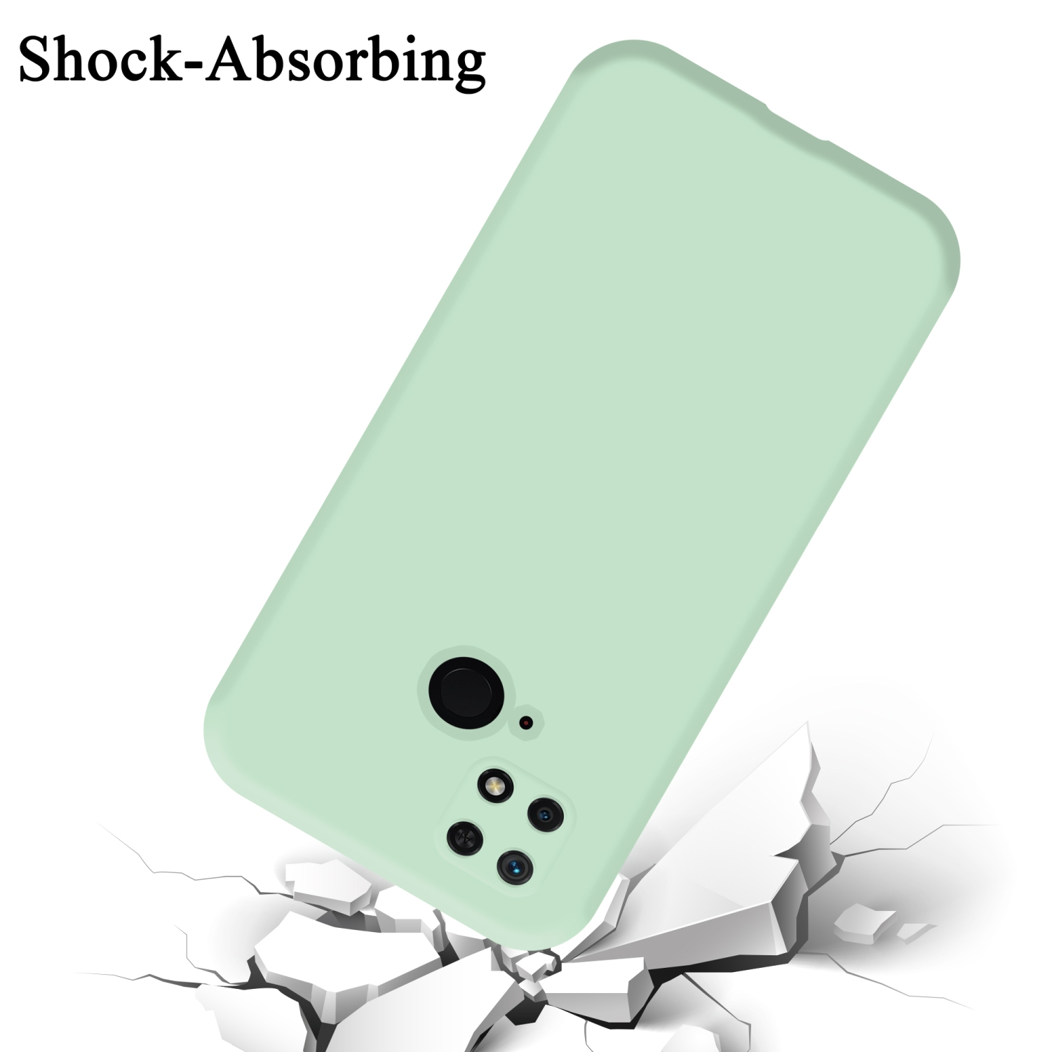 Minzgrüne Handyhülle fällt und bricht den Boden darunter, mit dem Text 'Shock-Absorbing'.