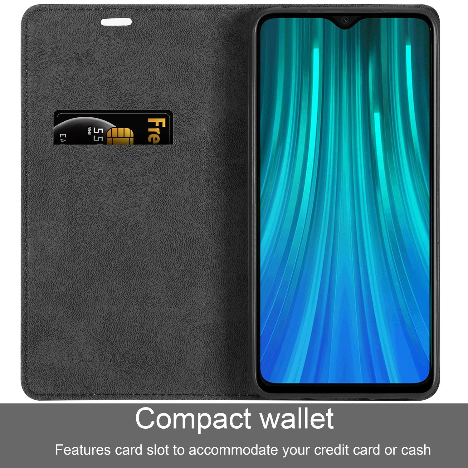 Custodia per telefono nera aperta con fessura per carte di credito. Lo schermo del telefono mostra un motivo turchese.
