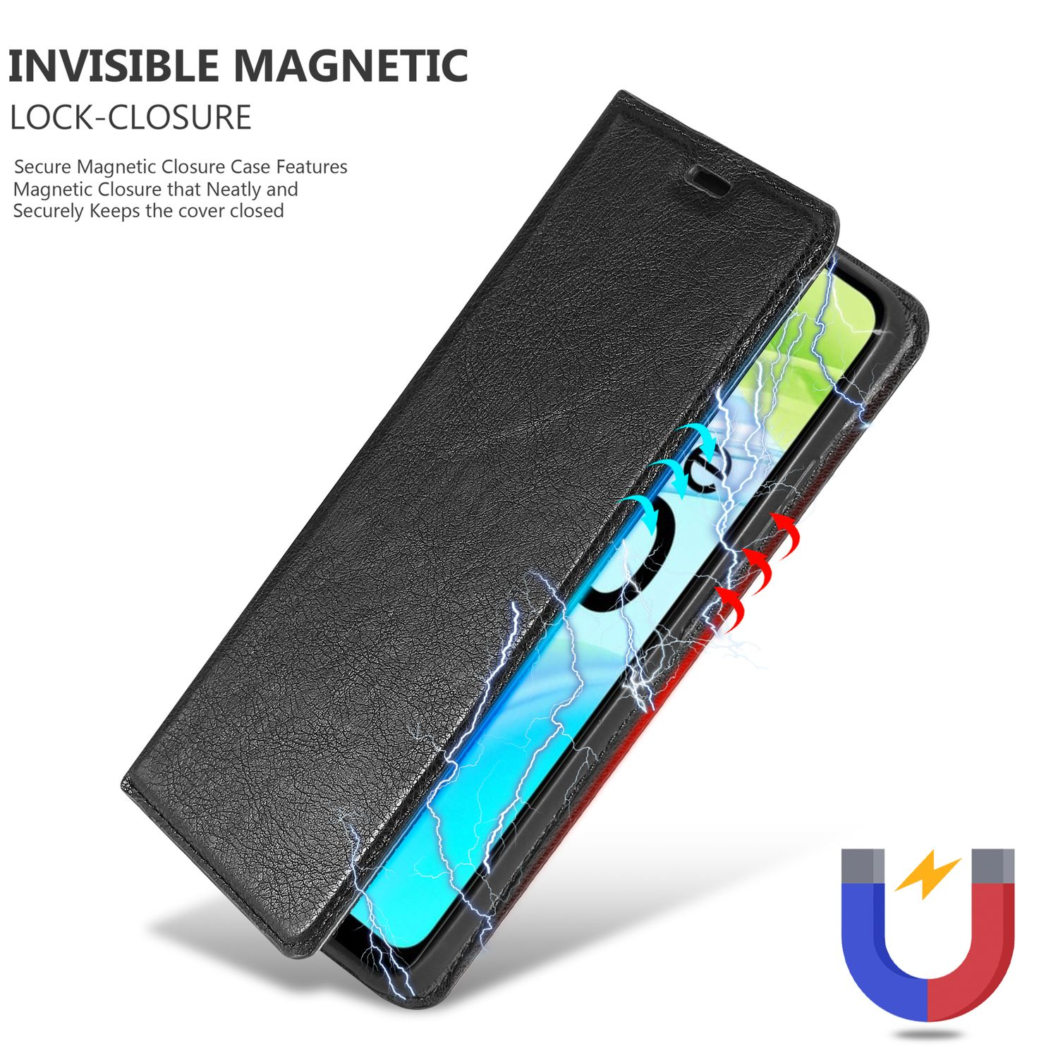 Custodia nera aperta, mostra telefono. Sono presenti frecce e icona magnete.