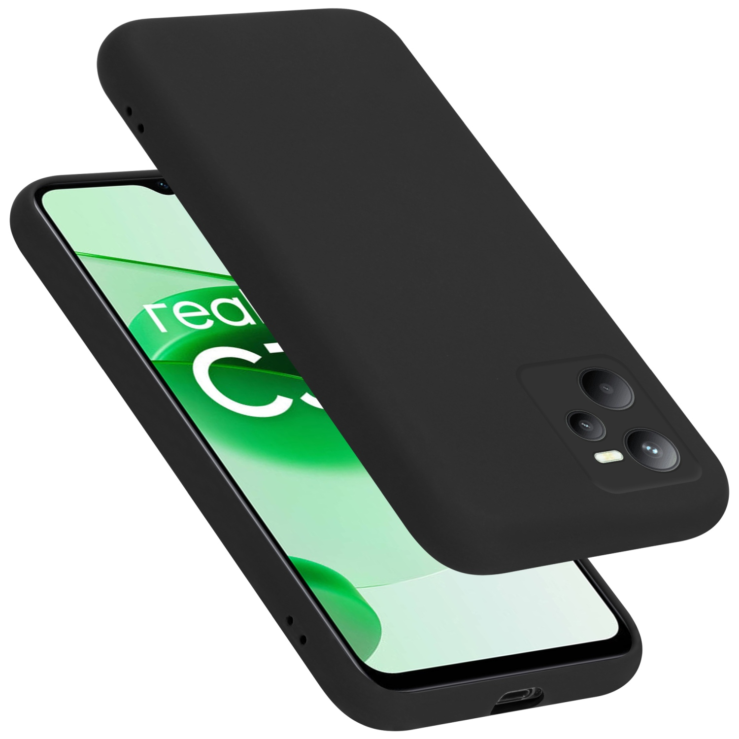 Schwarze Handyhülle, zweiteilig. Telefon mit grün-weißem Hintergrund, Kamera sichtbar.