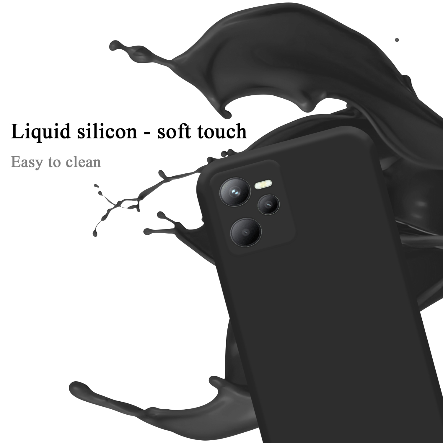 Schwarze Handyhülle mit einem schwarzen Flüssigkeitsspritzer. Die Kamera und die Tasten sind auf dem Telefon sichtbar.