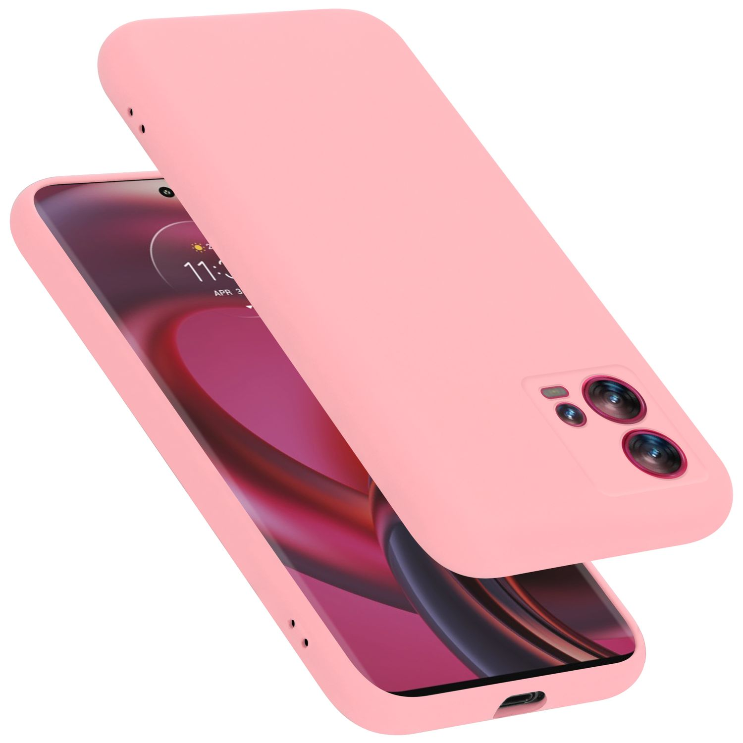 Rosa Handyhülle mit Telefon darin, das seinen Bildschirm zeigt, und ein Teil der Hülle.