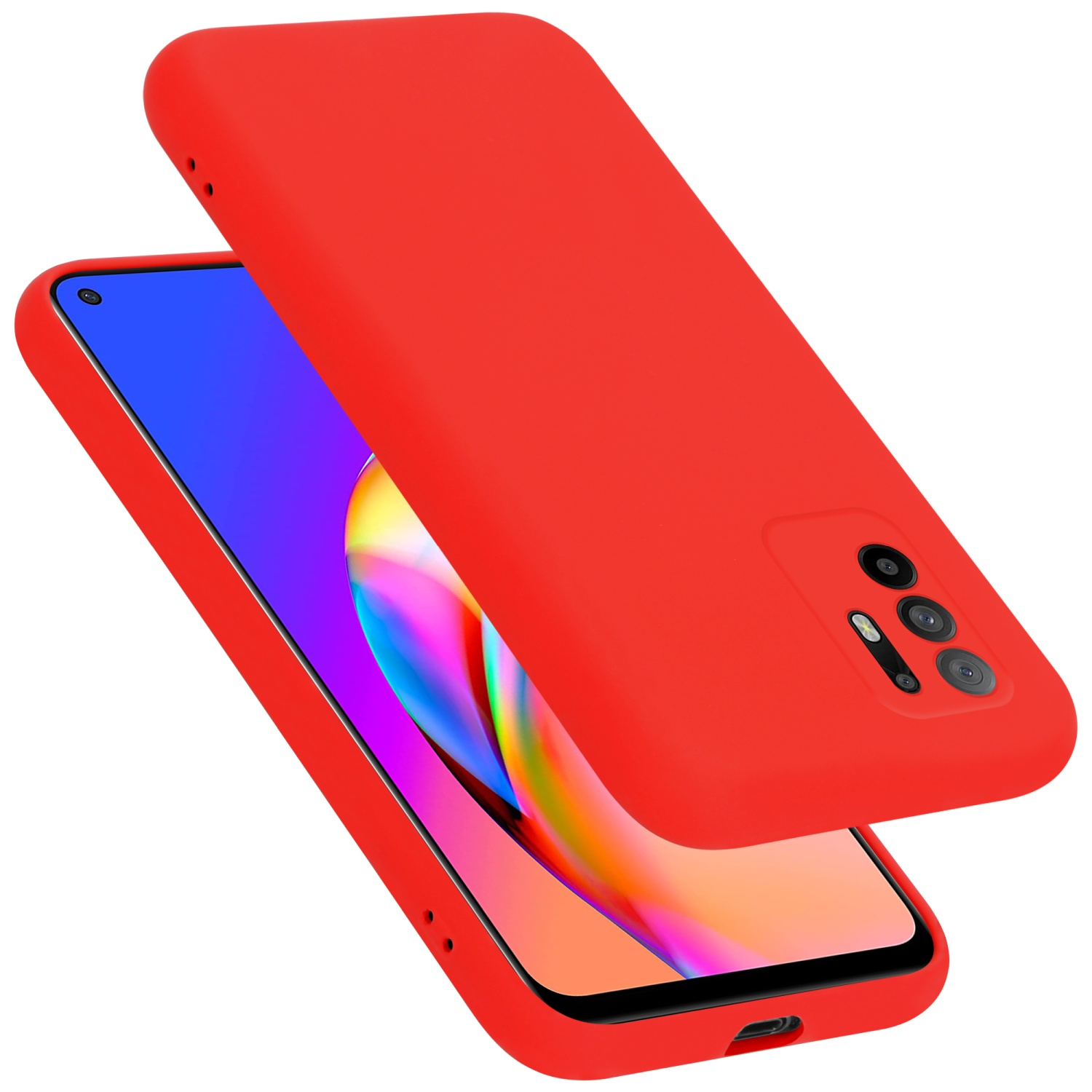 Rote Handyhülle mit Telefon. Das Telefon hat einen bunten Bildschirm, die Hülle ist auch rot.