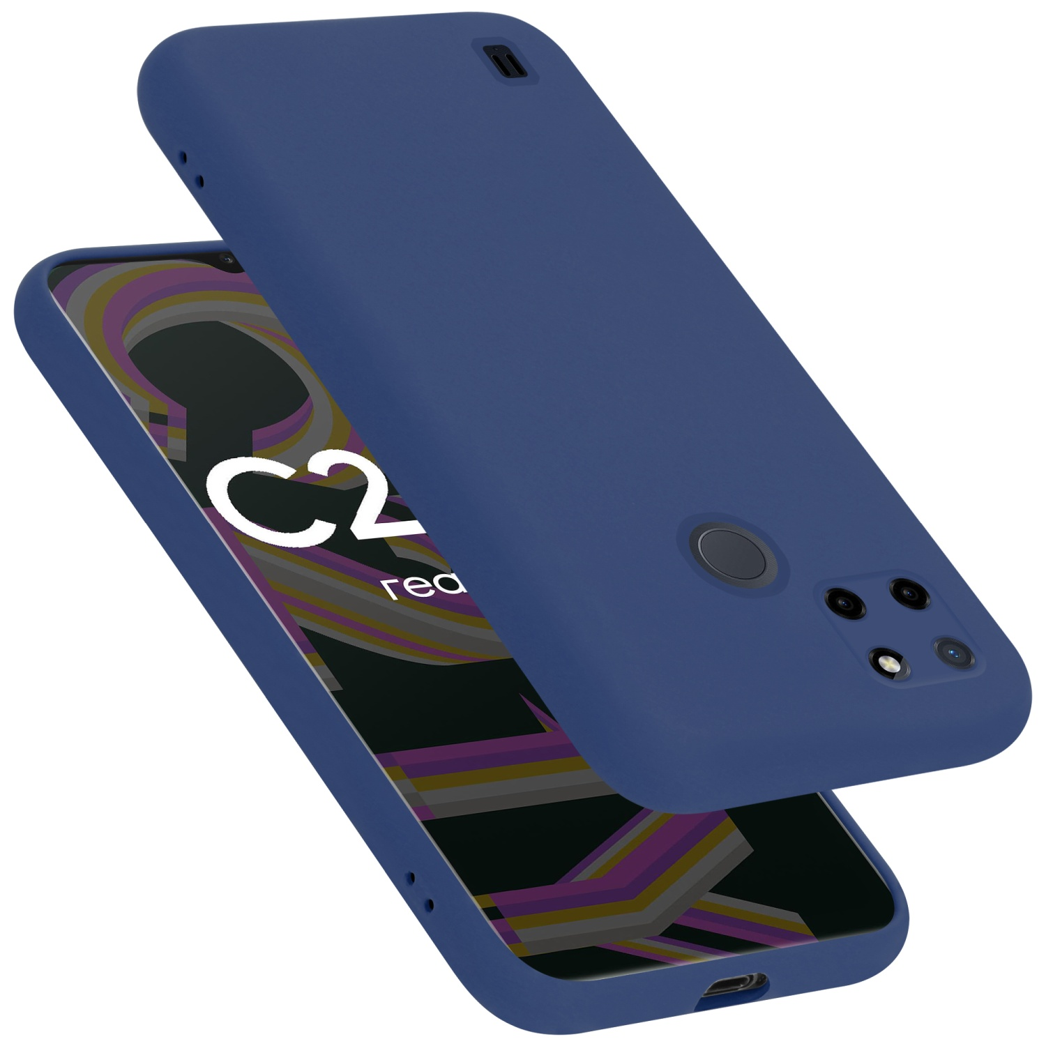 Eine dunkelblaue Handyhülle mit einem Telefon. Hülle und Telefon sind sichtbar. Die Handyhülle ist in der Luft.
