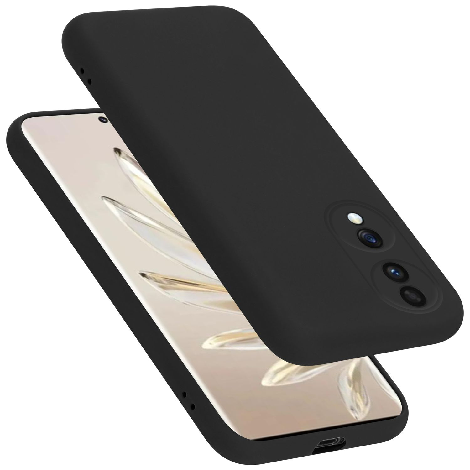 Schwarze Handyhülle und Telefon mit Kamera. Das Telefon zeigt eine Benutzeroberfläche.