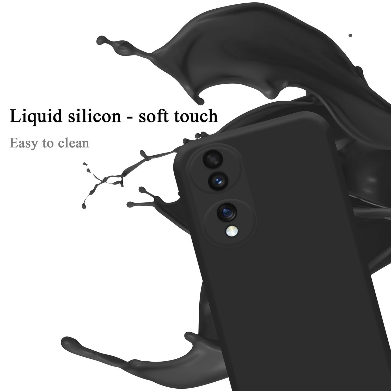 Schwarze Handyhülle mit Flüssigkeitsspritzer. Die Hülle hat zwei Kameralinsen.