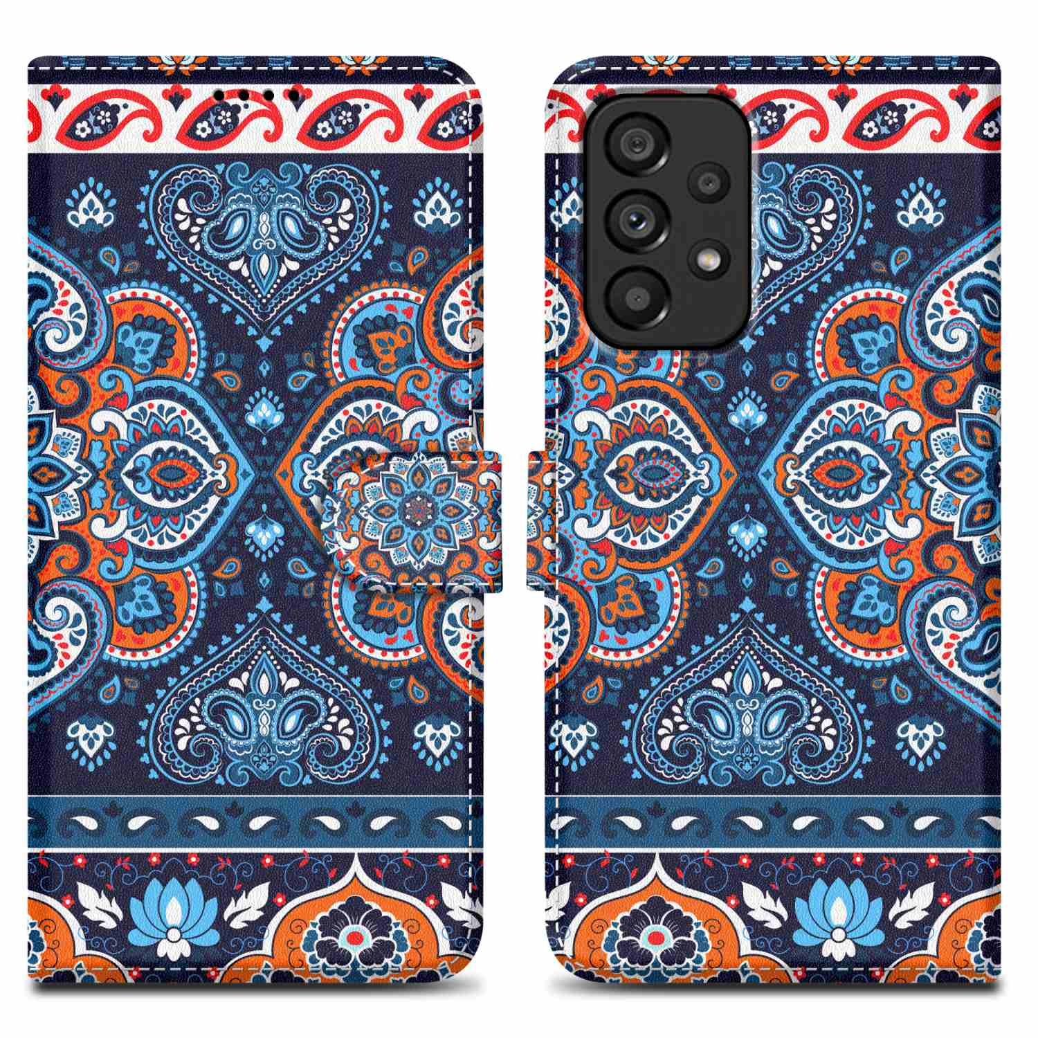 Handyhülle mit farbenfrohem Paisley-Muster. Das Telefon ist sichtbar. Es hat Kameras.