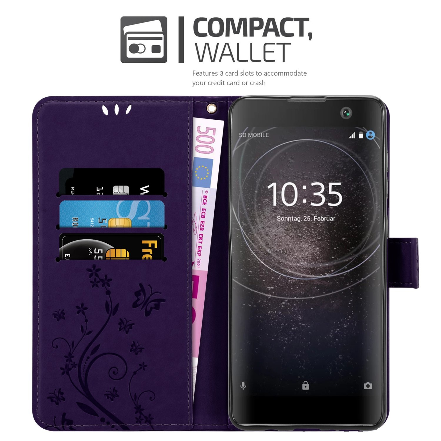 Custodia a portafoglio viola aperta, che mostra carte, denaro e uno schermo del telefono.