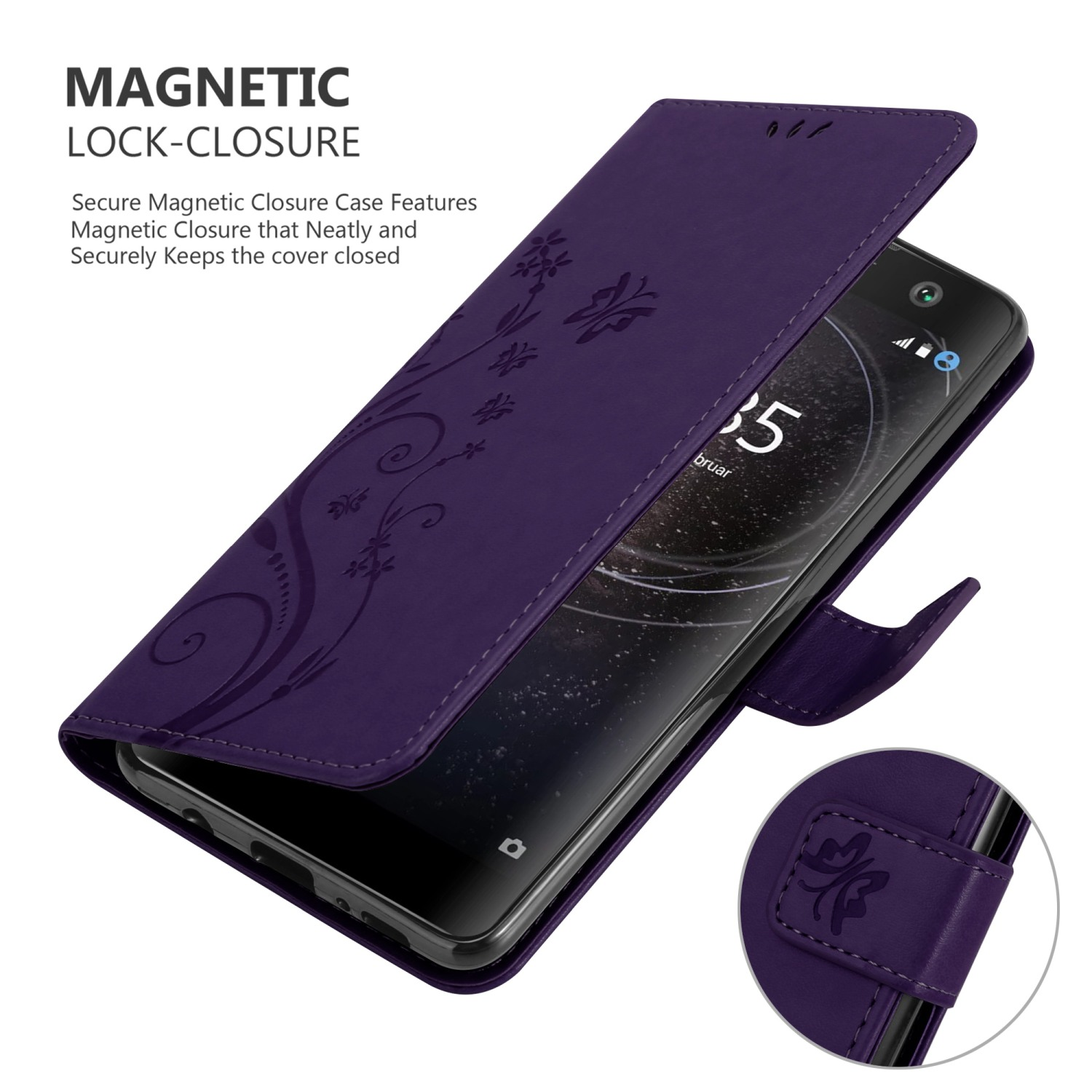 Custodia viola per telefono aperta, che mostra un telefono. Presenta un design floreale e chiusura magnetica.