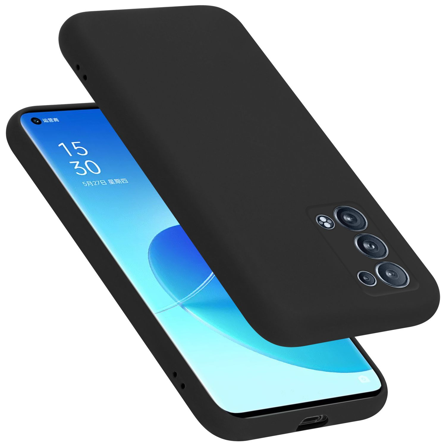 Schwarze Handyhülle, Telefonbildschirm sichtbar. Eine zweite Hülle schwebt darüber.
