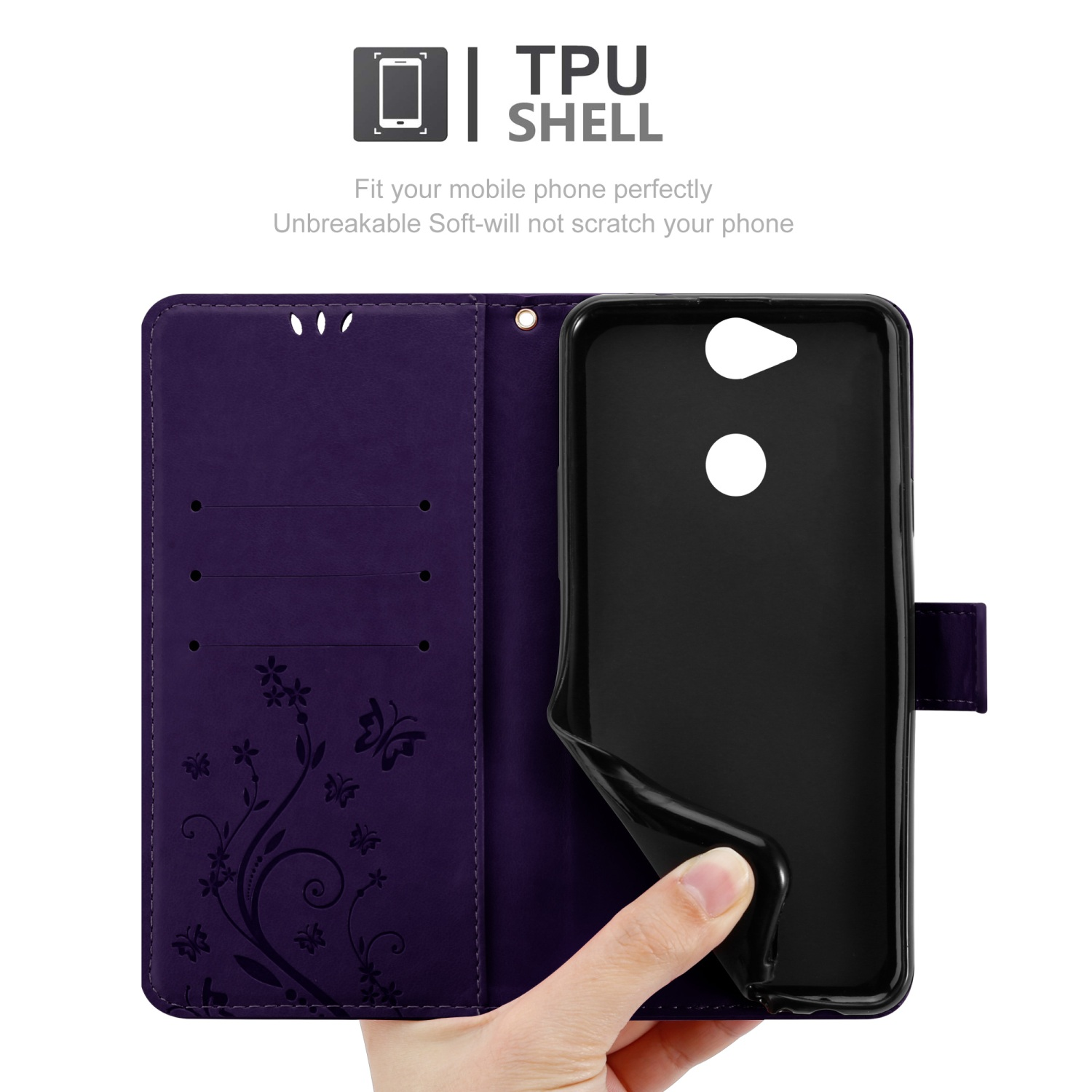 Una custodia per telefono viola è aperta. La custodia ha un telefono all'interno. Ha un design floreale.