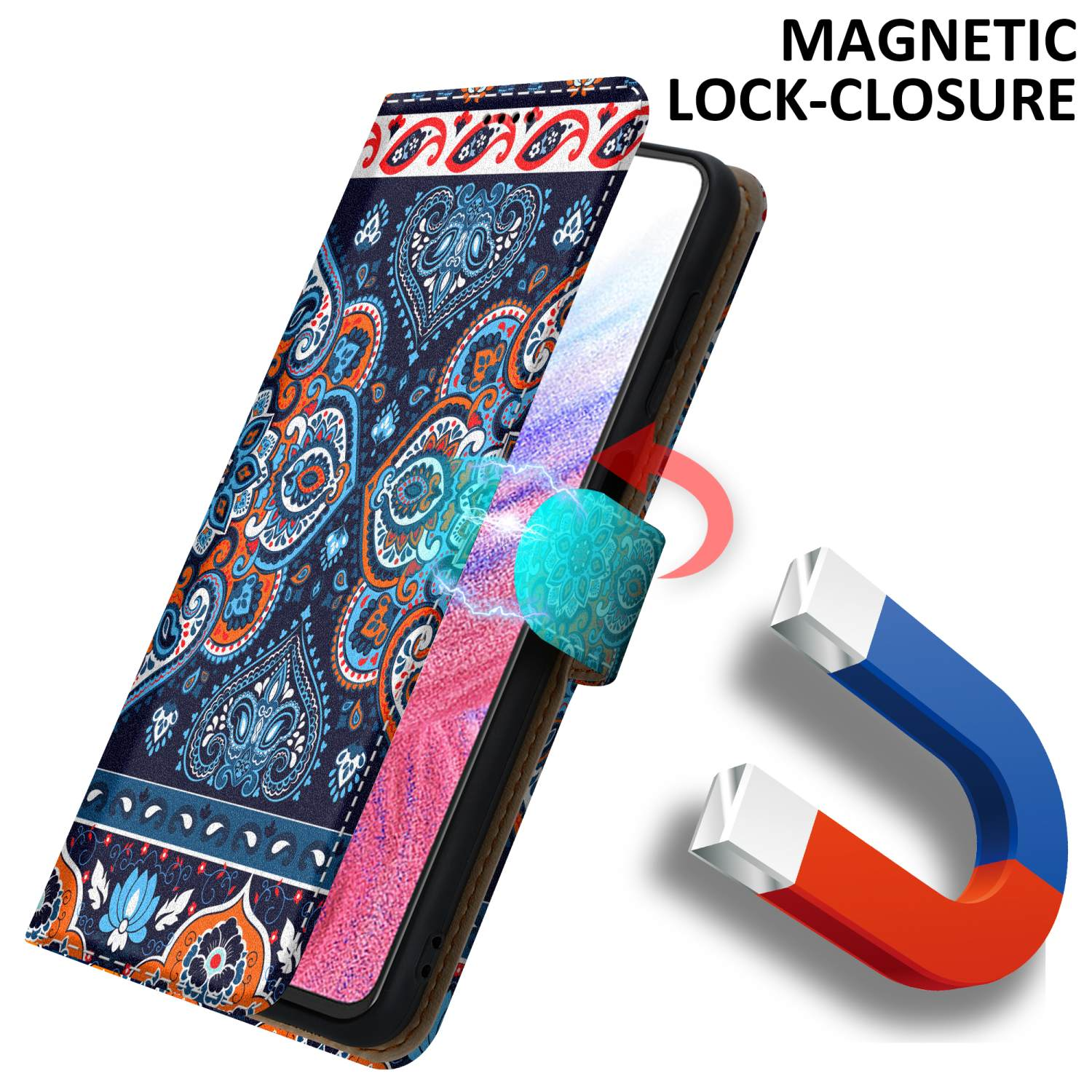 Handyhülle mit buntem Muster. Ein Magnet ist an der Hülle befestigt. Roter Pfeil zeigt auf den Magneten.