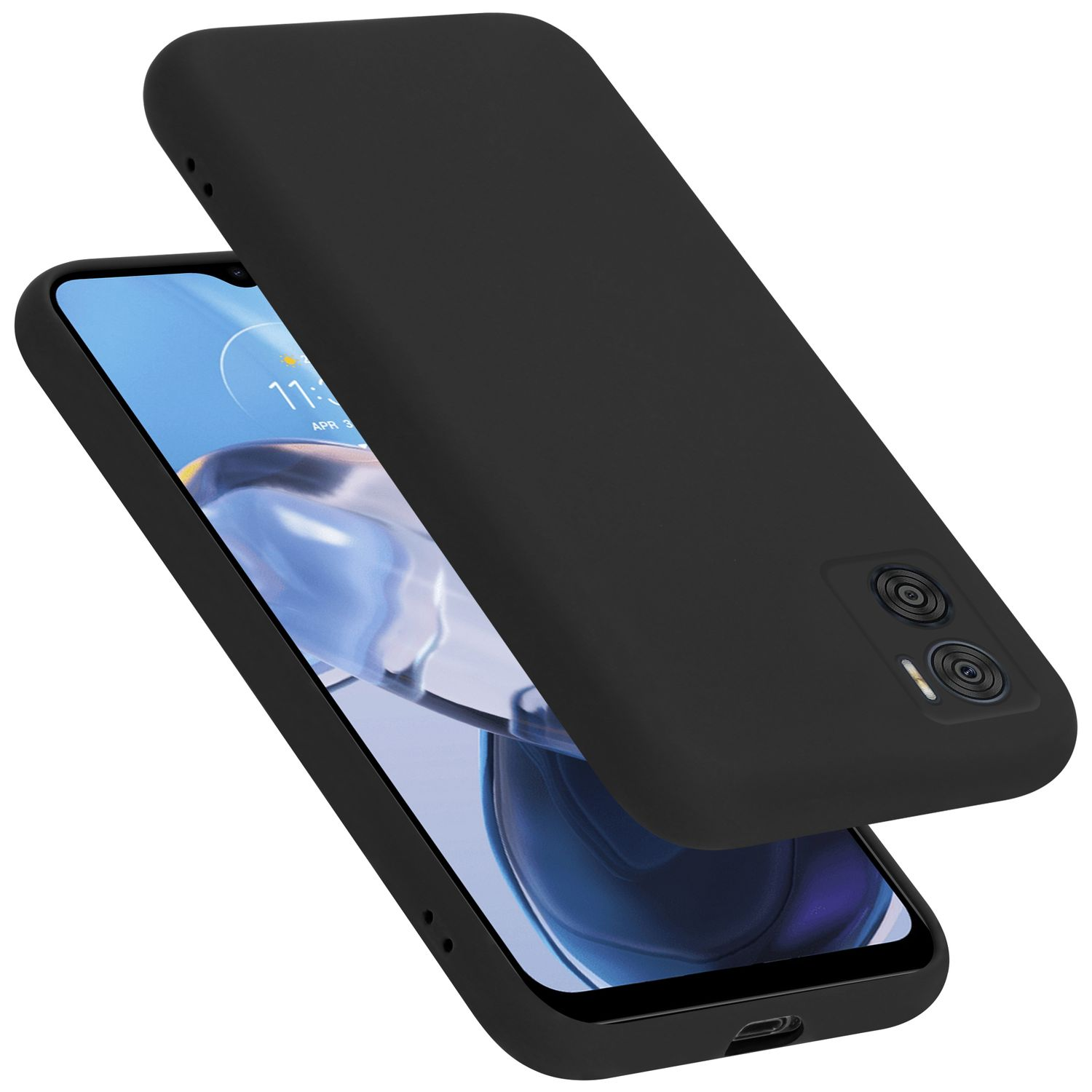 Schwarze Handyhülle auf Telefon. Dual-Kamera hinten und kleiner Bildschirm.