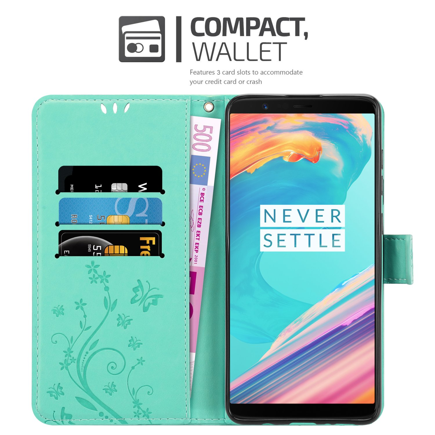 Custodia turchese con slot per carte e un telefono con schermo colorato, più una banconota da 500 euro.