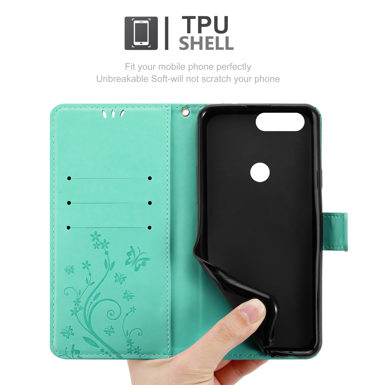 Custodia a portafoglio turchese per telefono, con design floreale, aperta, che mostra il telefono. Testo: TPU SHELL, si adatta perfettamente.
