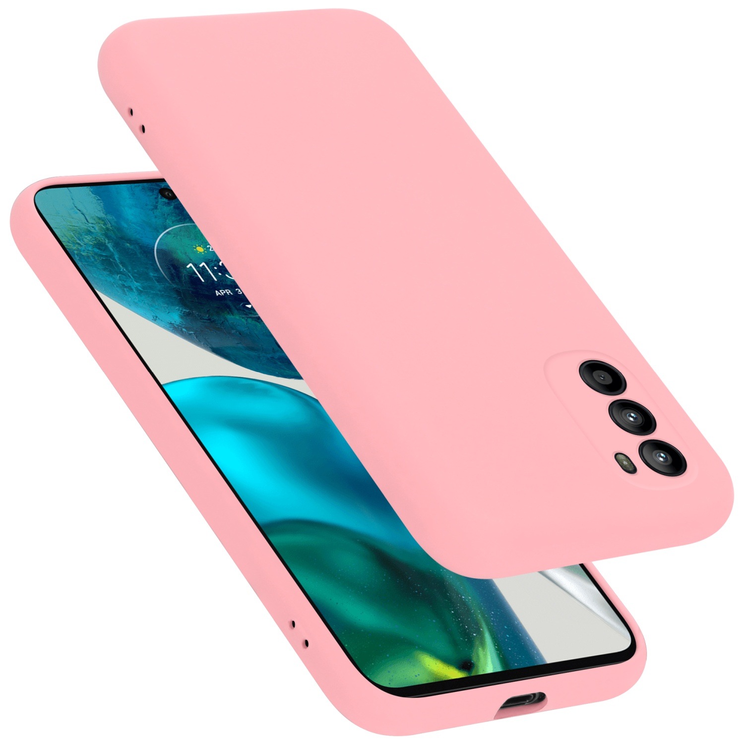 Rosa Handyhülle mit Telefon. Das Telefon zeigt das Datum an.