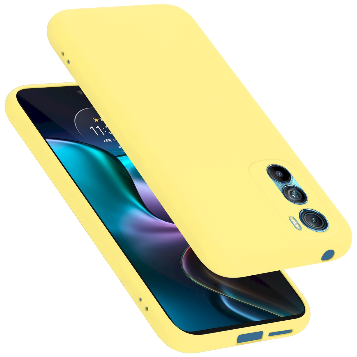 Gelbe Handyhülle und Telefon. Die Hülle befindet sich über dem Telefon.