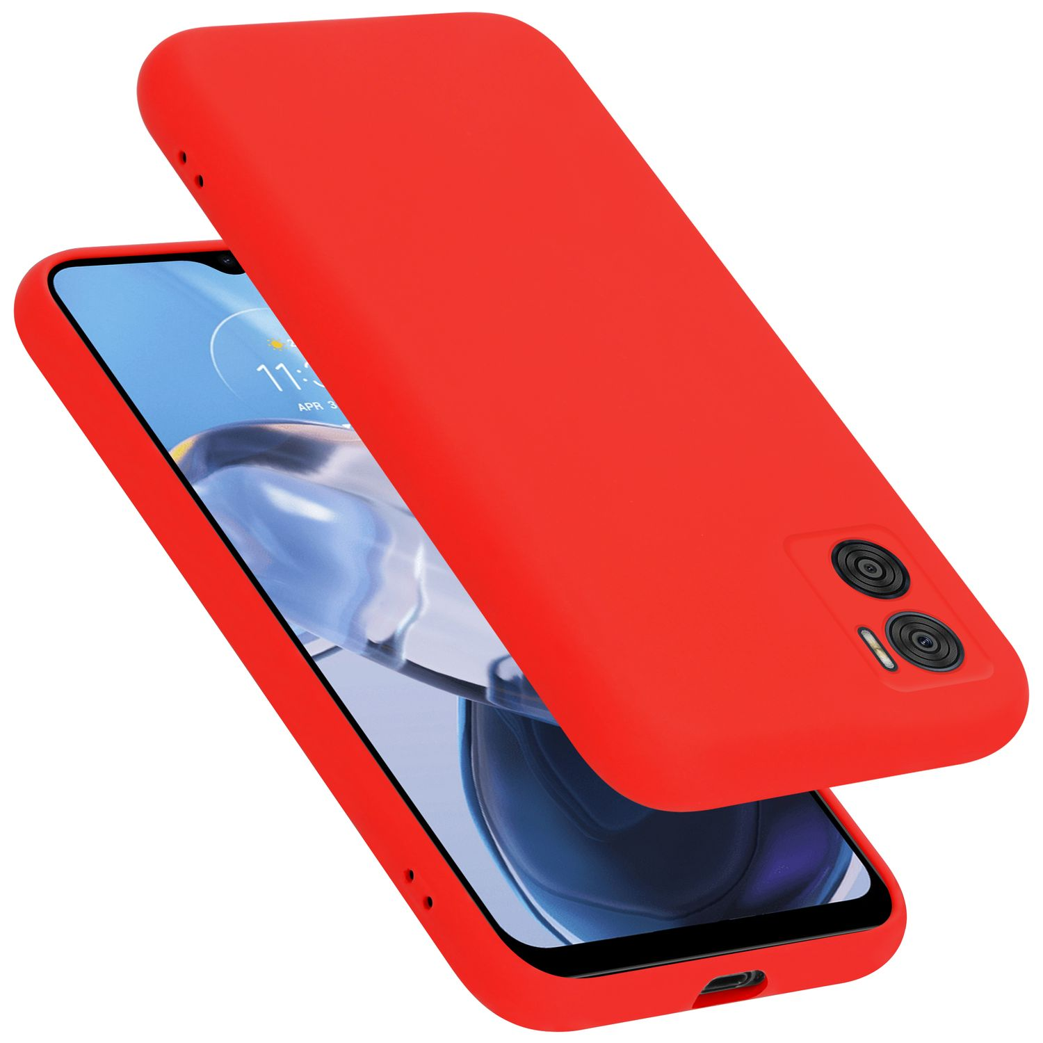 Rote Handyhülle und Telefon. Das Telefon zeigt ein farbenfrohes Bild. Hülle ist angewinkelt und offen.