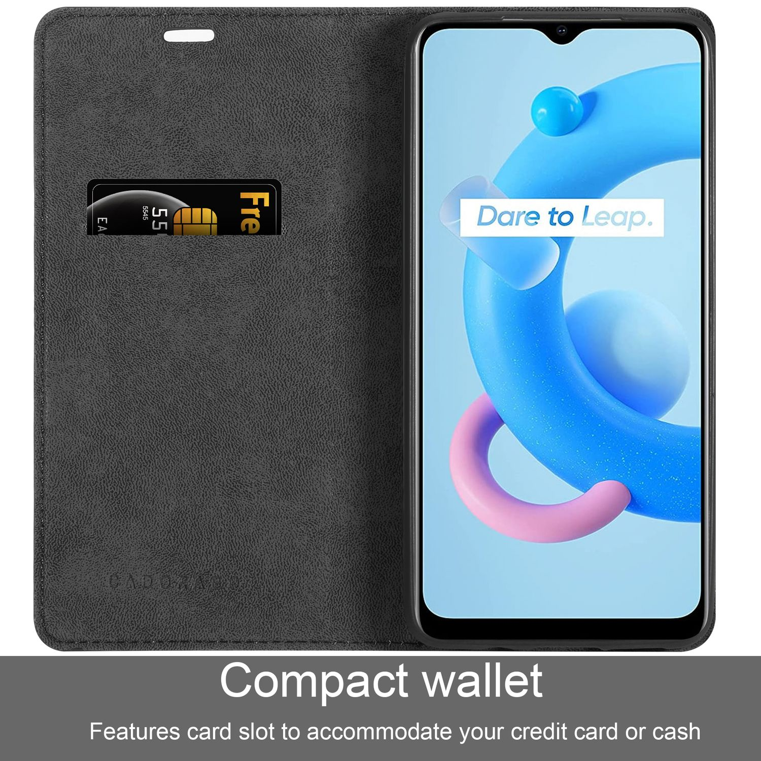 Telefono in custodia a portafoglio. Contiene una carta di credito. Custodia nera con schermo visibile.