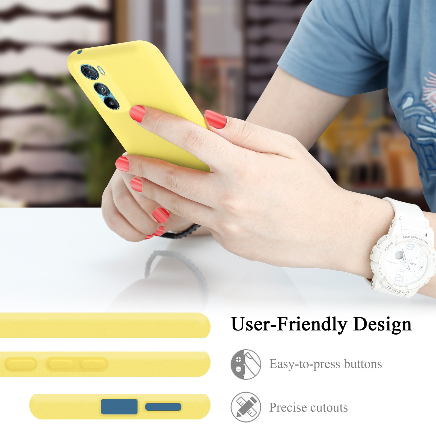 Eine Person hält ein gelbes Telefon. Rote Nägel und eine weiße Uhr. Der Text lautet benutzerfreundliches Design, präzise Ausschnitte.