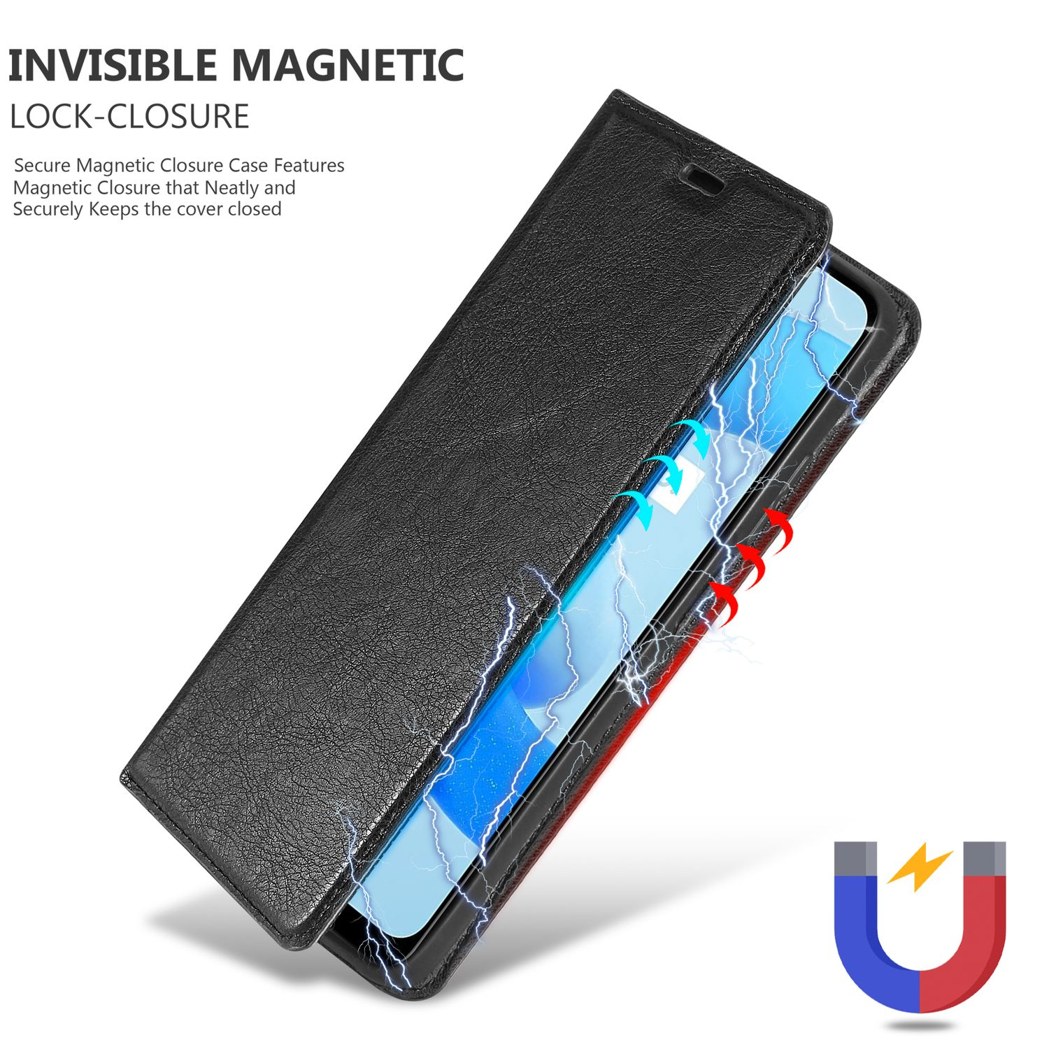 Custodia per telefono in pelle nera aperta, che mostra il telefono. Testo: Chiusura magnetica invisibile. Simbolo del magnete a U.